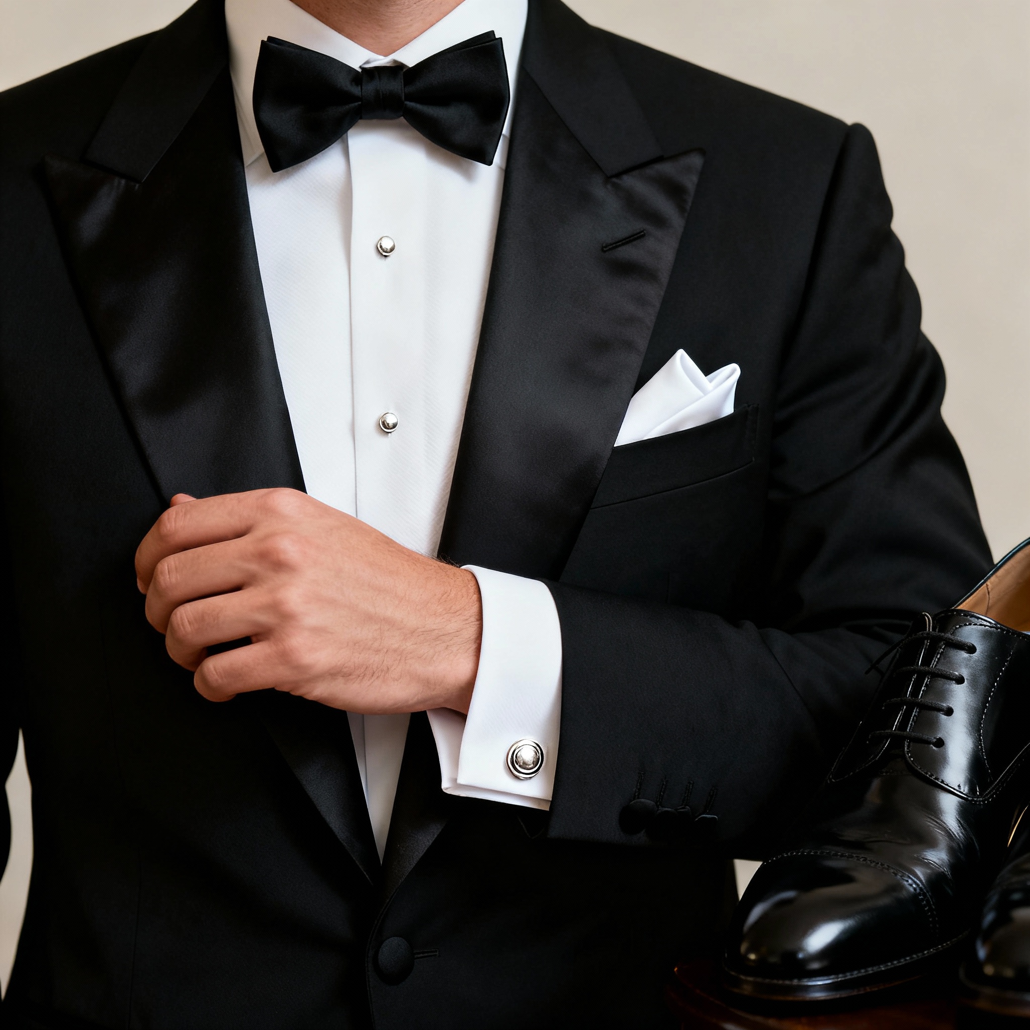 Groom in classic black tuxedo with formal accessories