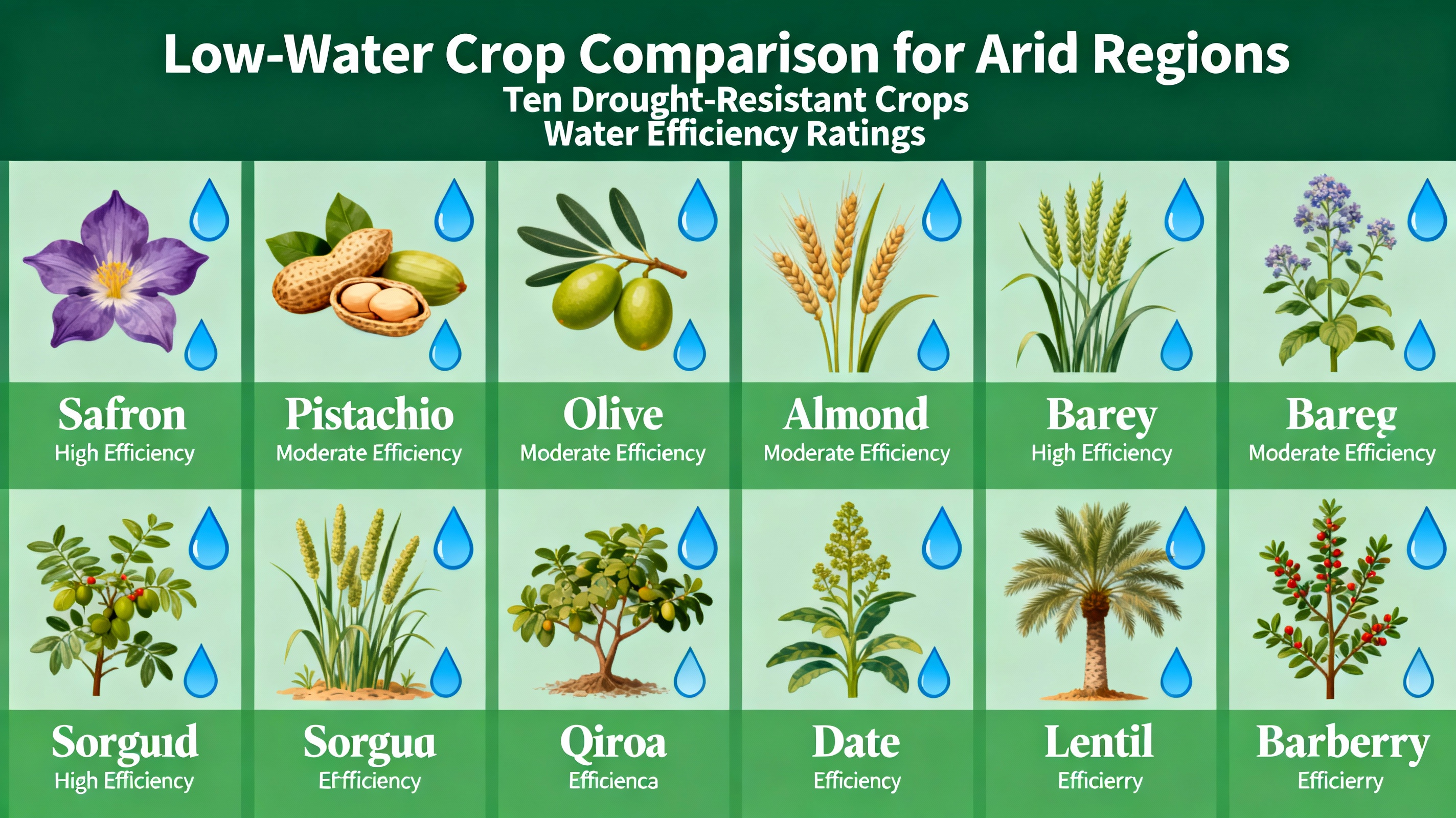 Comparative infographic of ten economical low-water agricultural products for dry and semi-arid regions