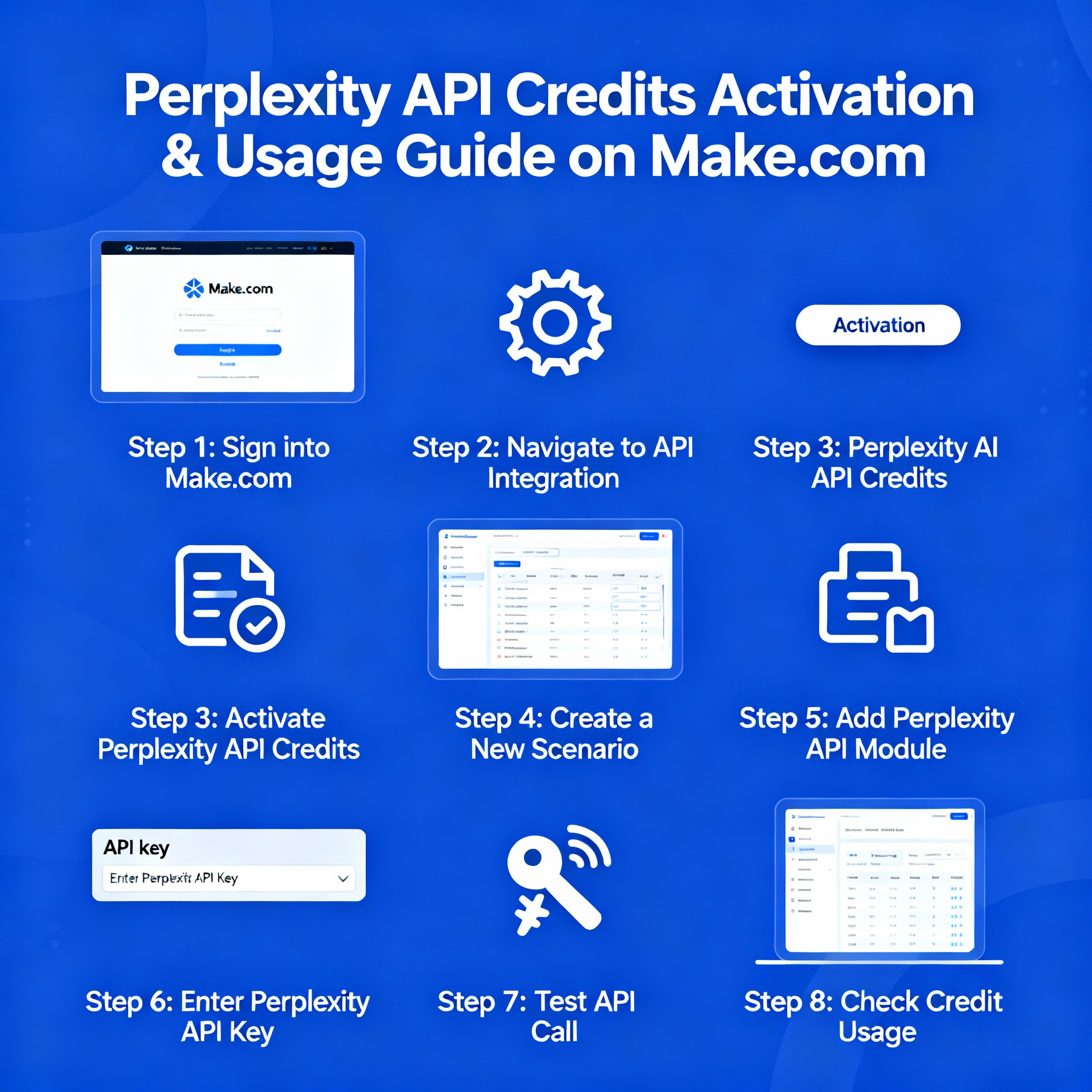 Step-by-step visual guide: Activating and using Perplexity API credits with Make.com for automation.