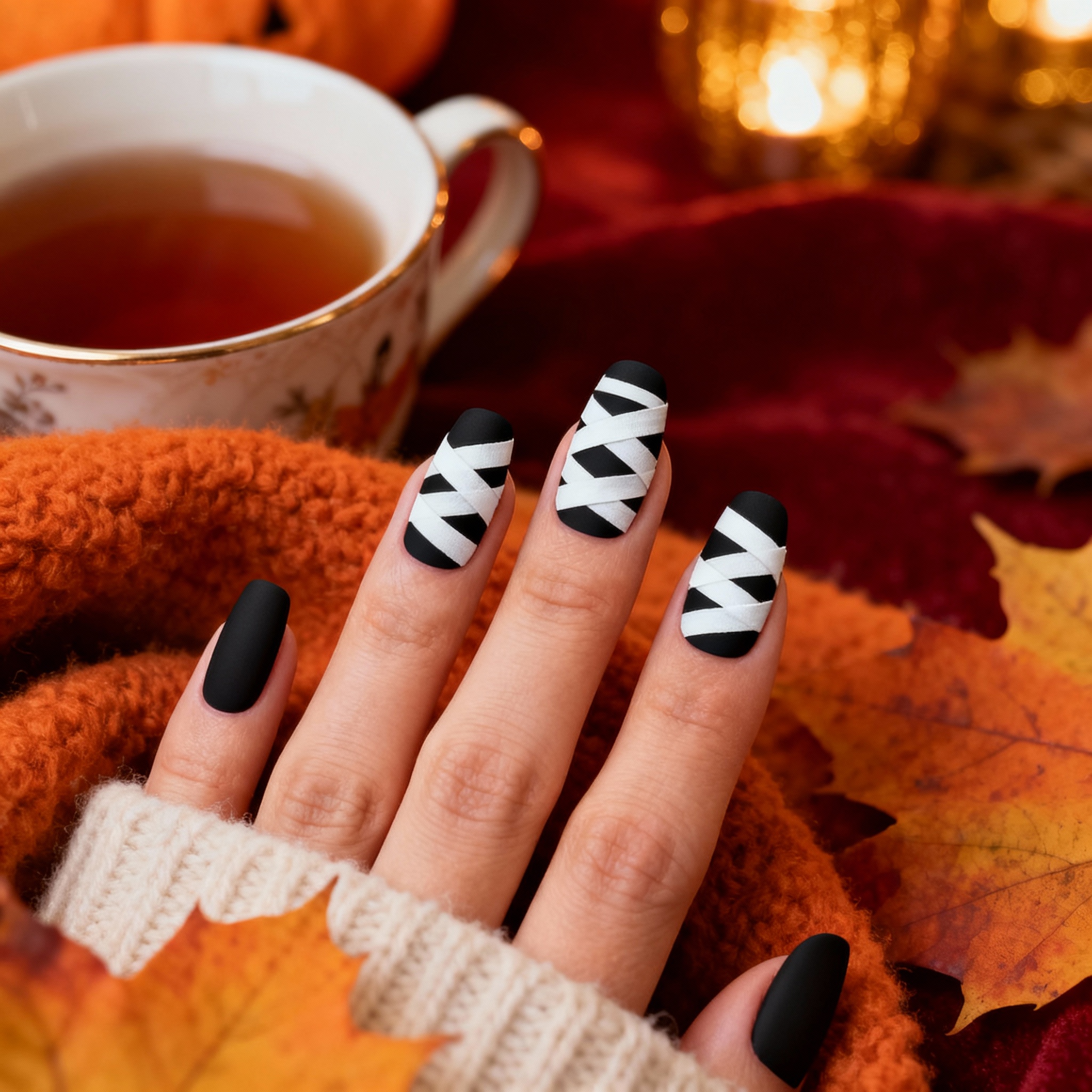 Mummy bandage Halloween nail art with cozy autumn styling