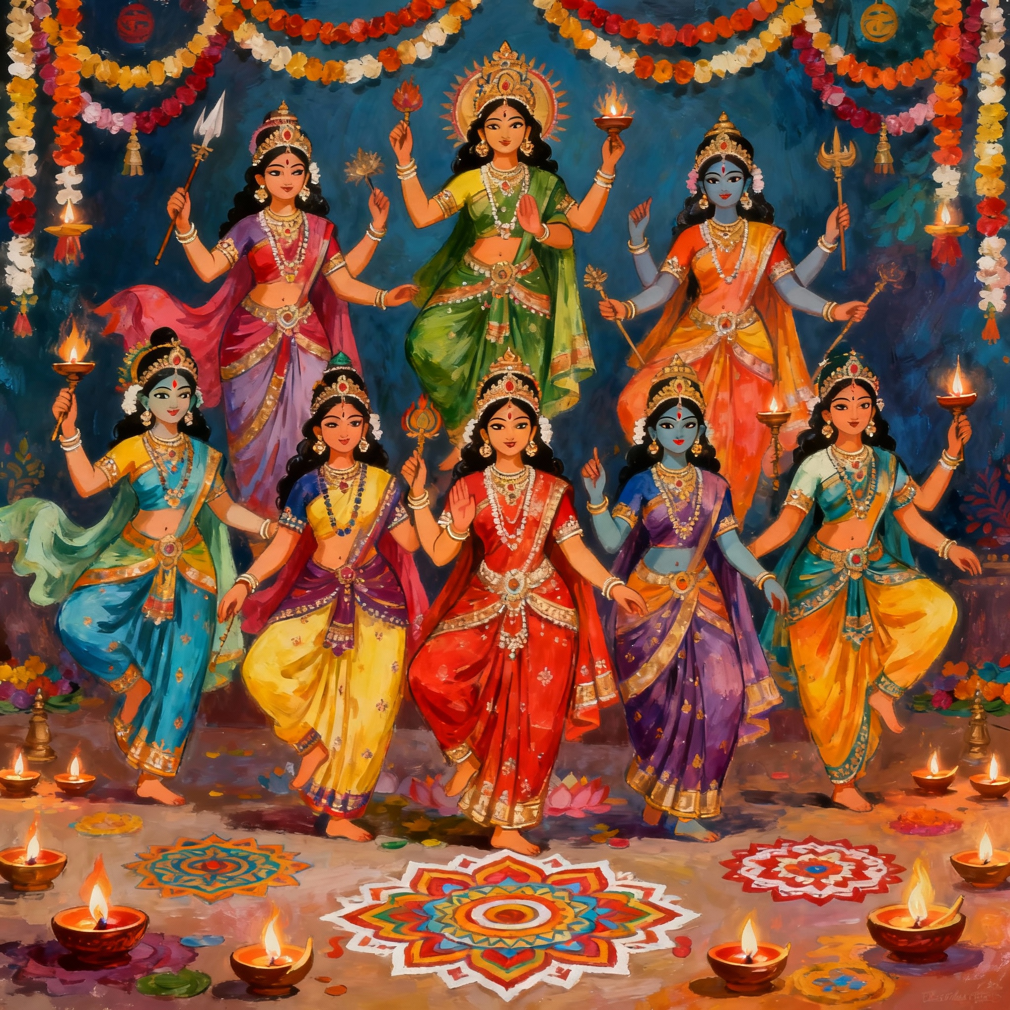 Artistic painting illustration depicting the nine forms of Goddess Durga during Navratri festival