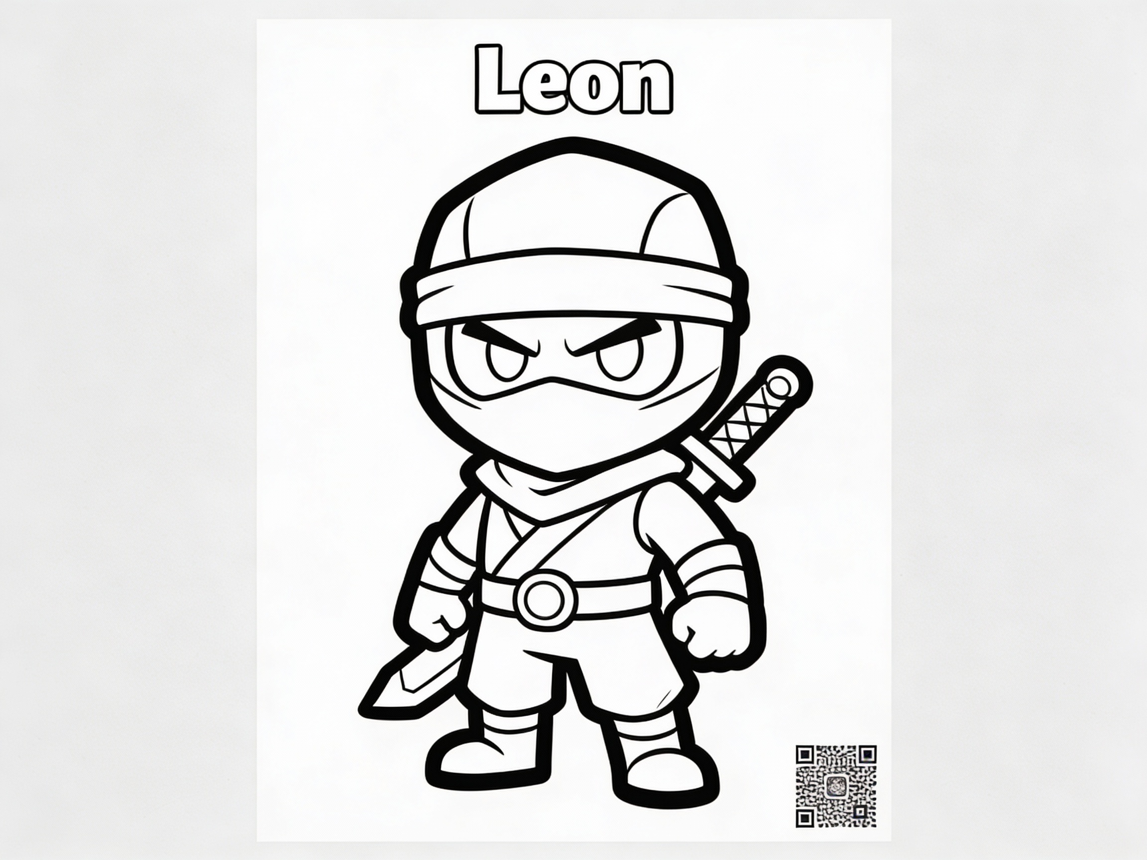 Ausgedruckte Ausmalseite von Leon mit integriertem dekorativem QR-Code für Bonusinhalte