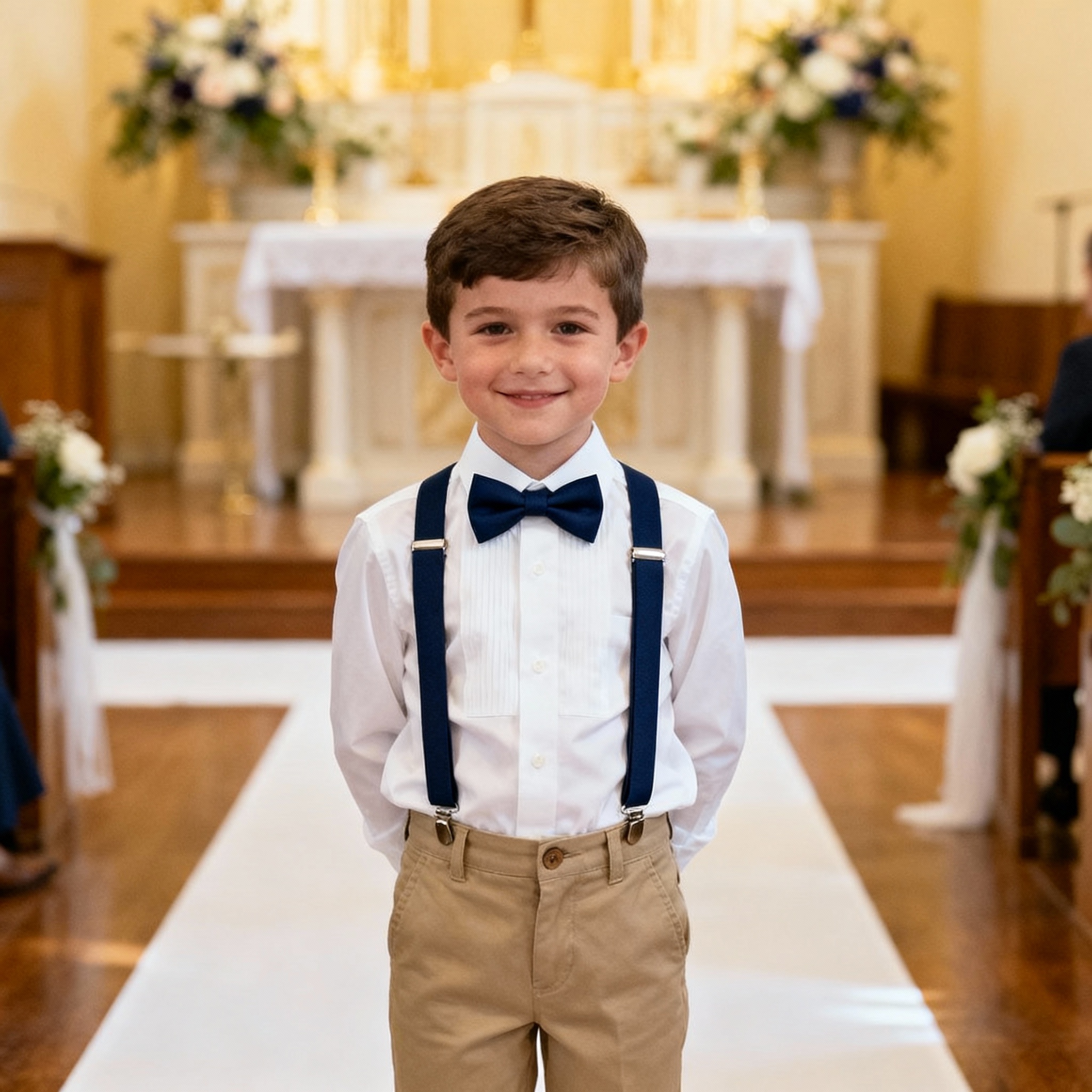 Young boy ring bearer wearing navy blue bow tie and suspenders