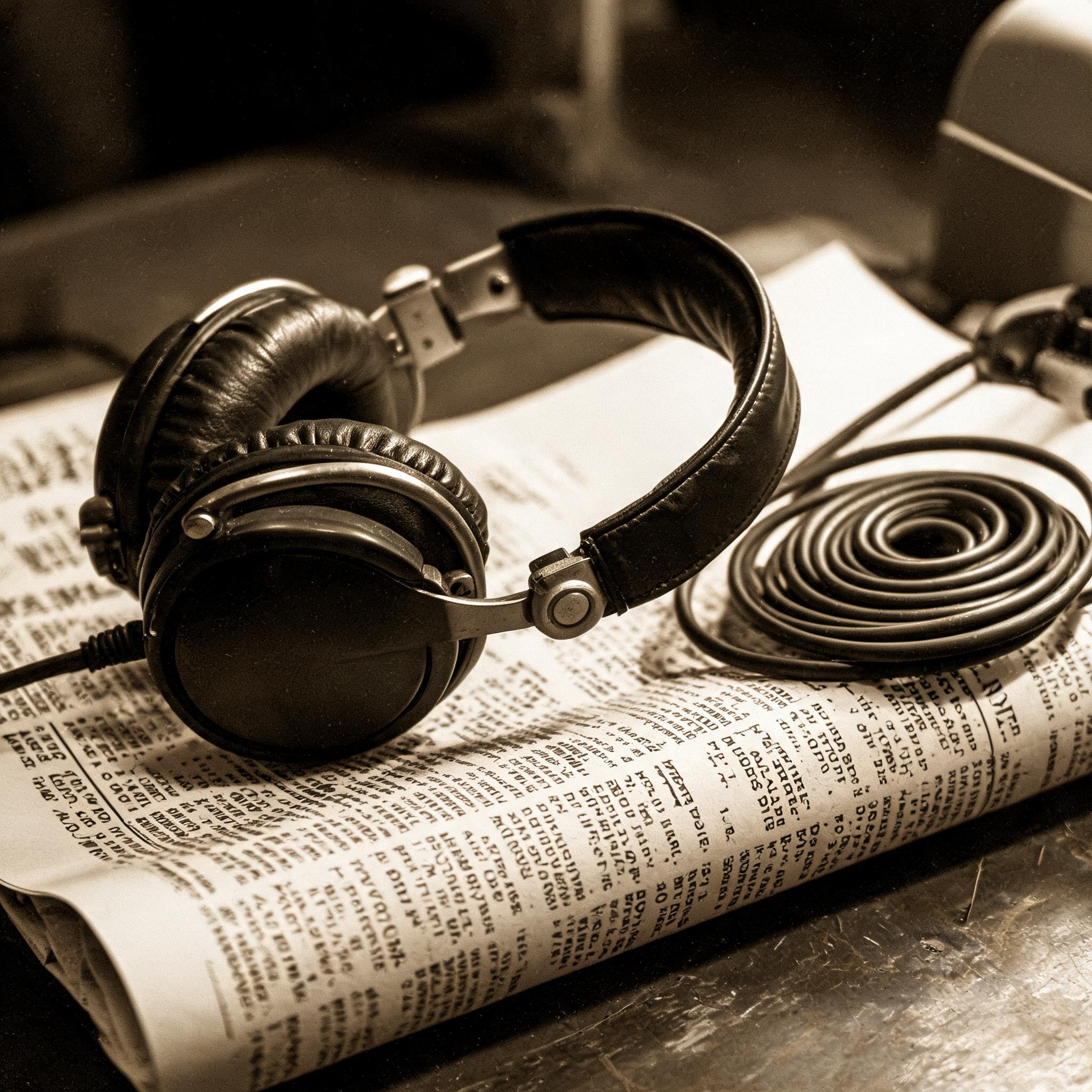 Vintage broadcast headphones on a teletype printout