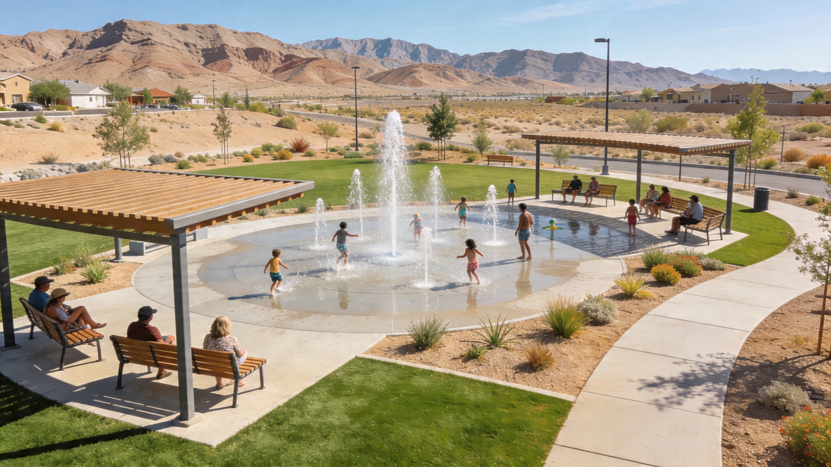 Children playing at a Henderson, Nevada community splash pad on a bright morning while parents relax nearby under shade structures — one of 15+ free splash pads available to Henderson residents