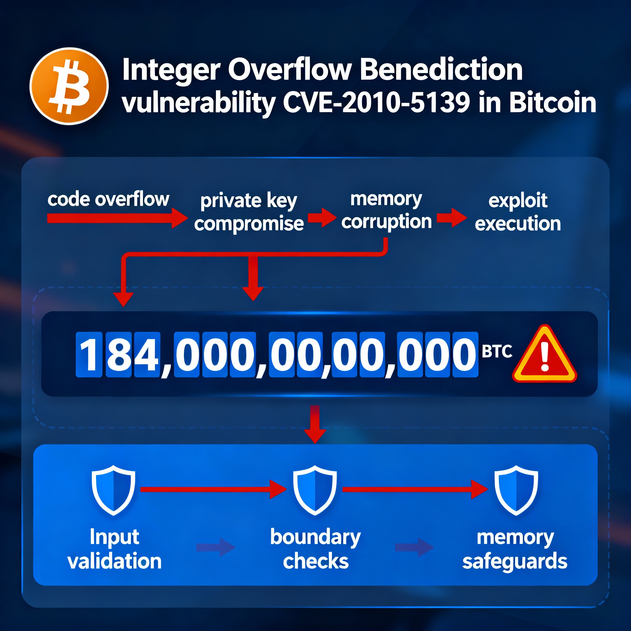 Integer Overflow Benediction (CVE-2010-5139) attack research diagram showing Bitcoin vulnerability exploitation pathway