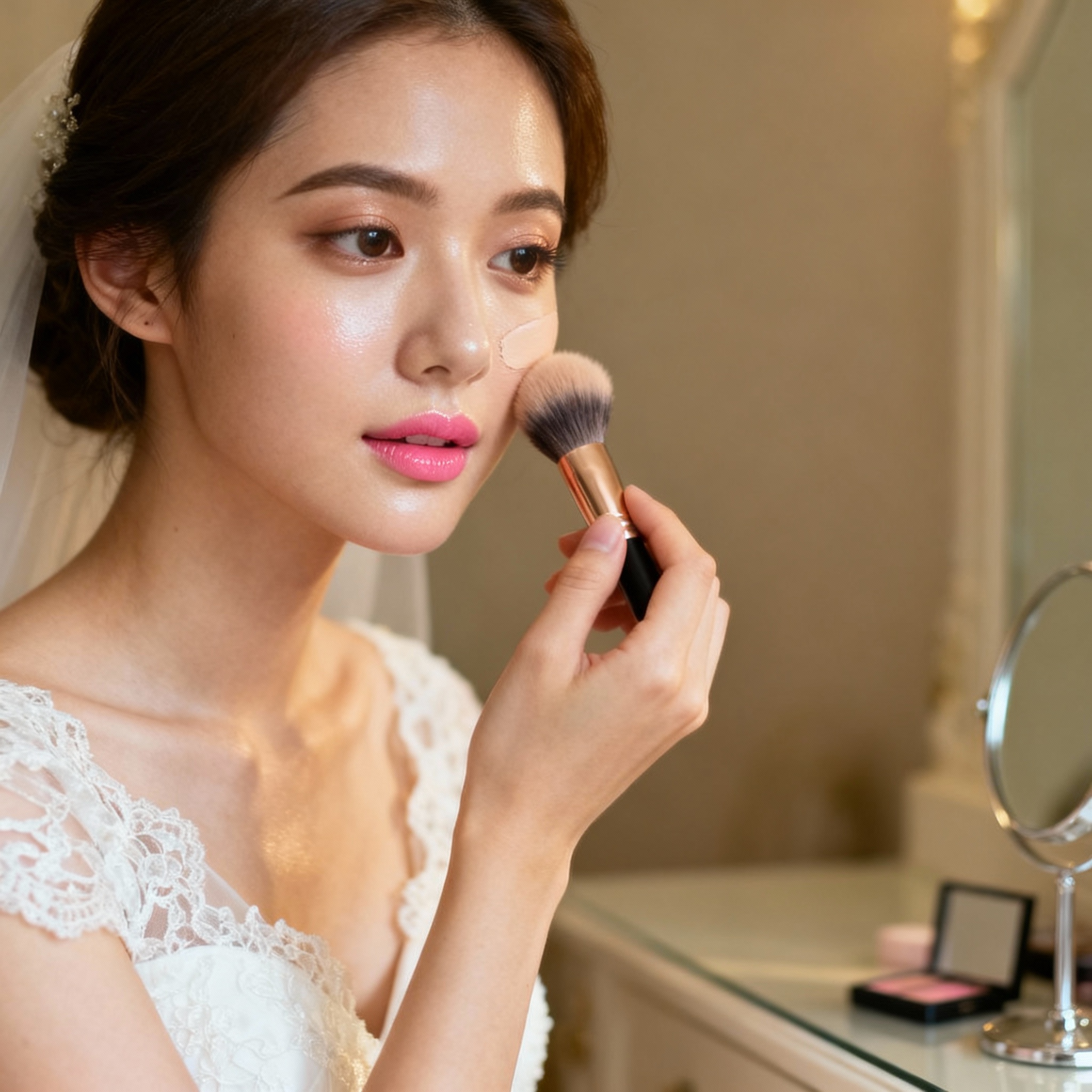 Professional bridal makeup application with natural glow techniques