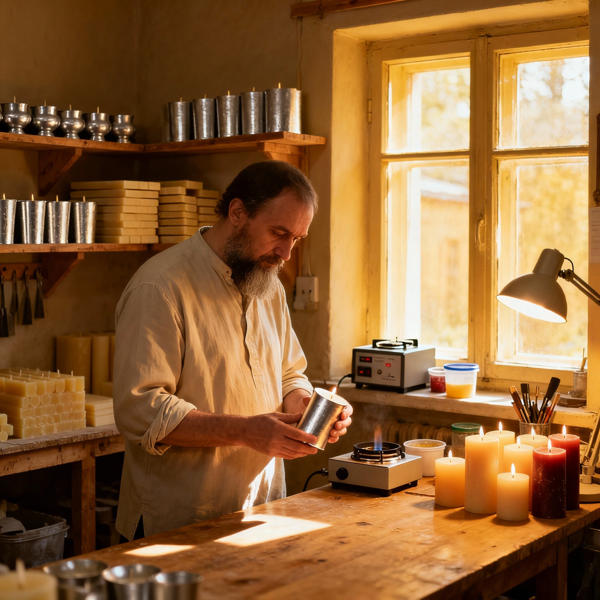 Father Andrei in workshop, focused on candle making with molds and wax, warm lighting, calm professional atmosphere