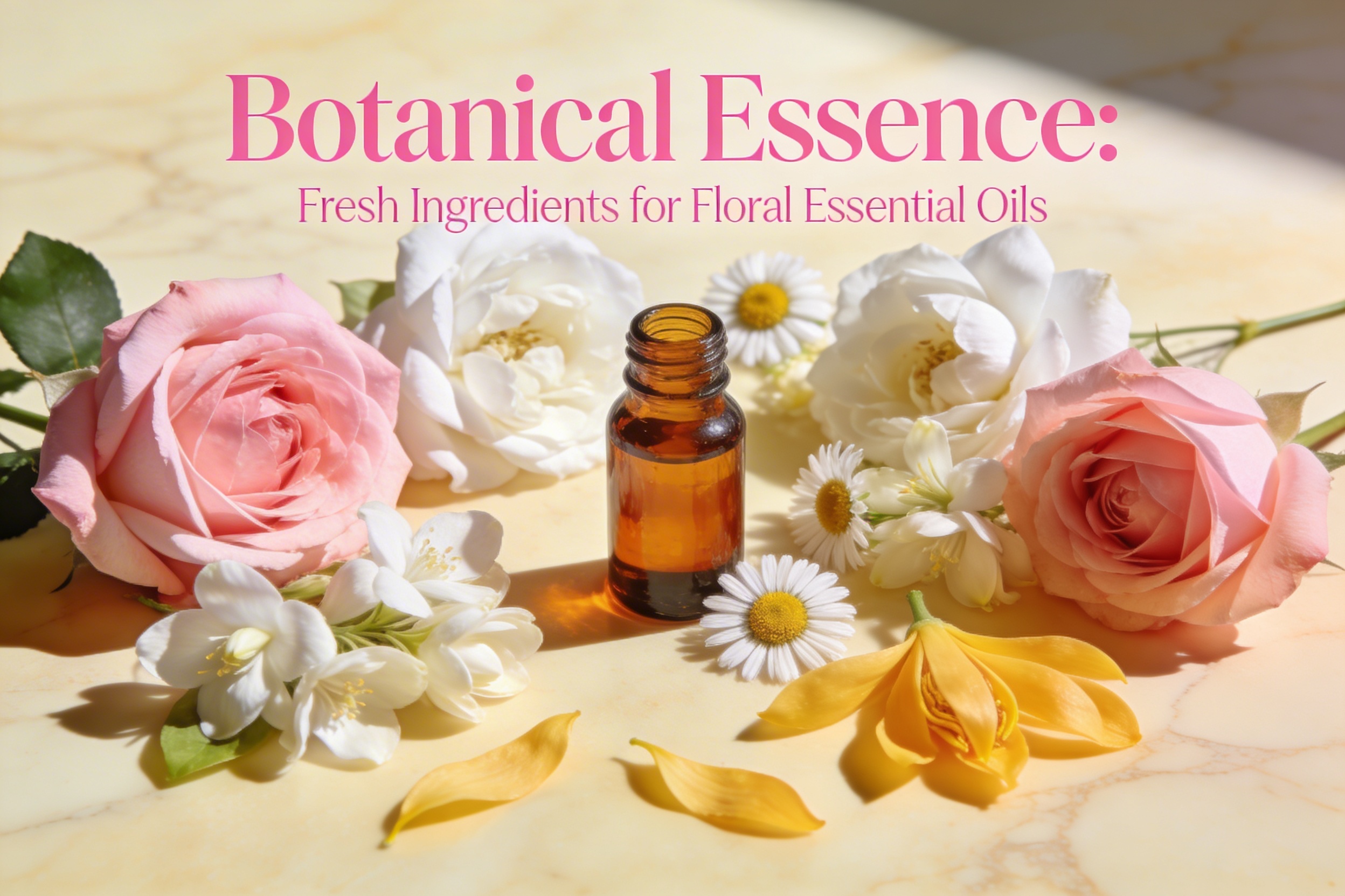 Fresh roses, jasmine blossoms and chamomile flowers on marble surface representing floral essential oils