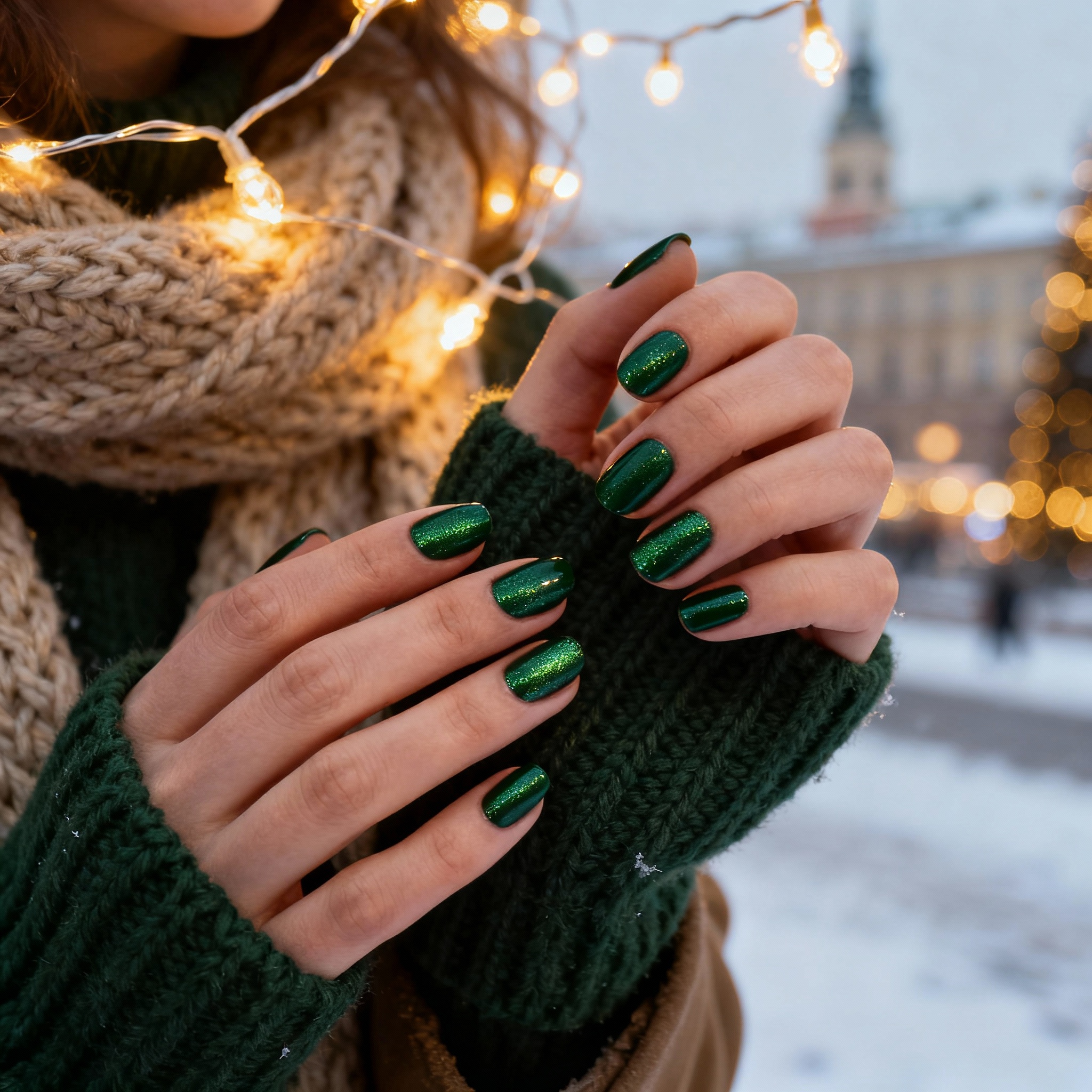 Głęboki zielony manicure w klimacie warszawskiej zimy