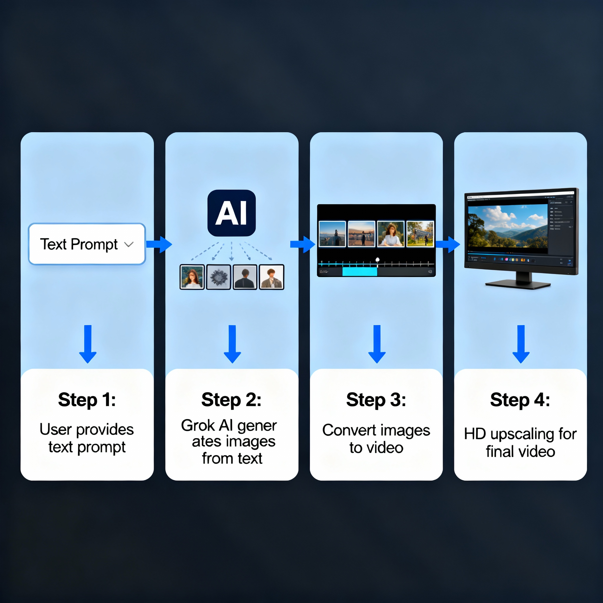 Complete workflow showing how Grok creates and upscales videos