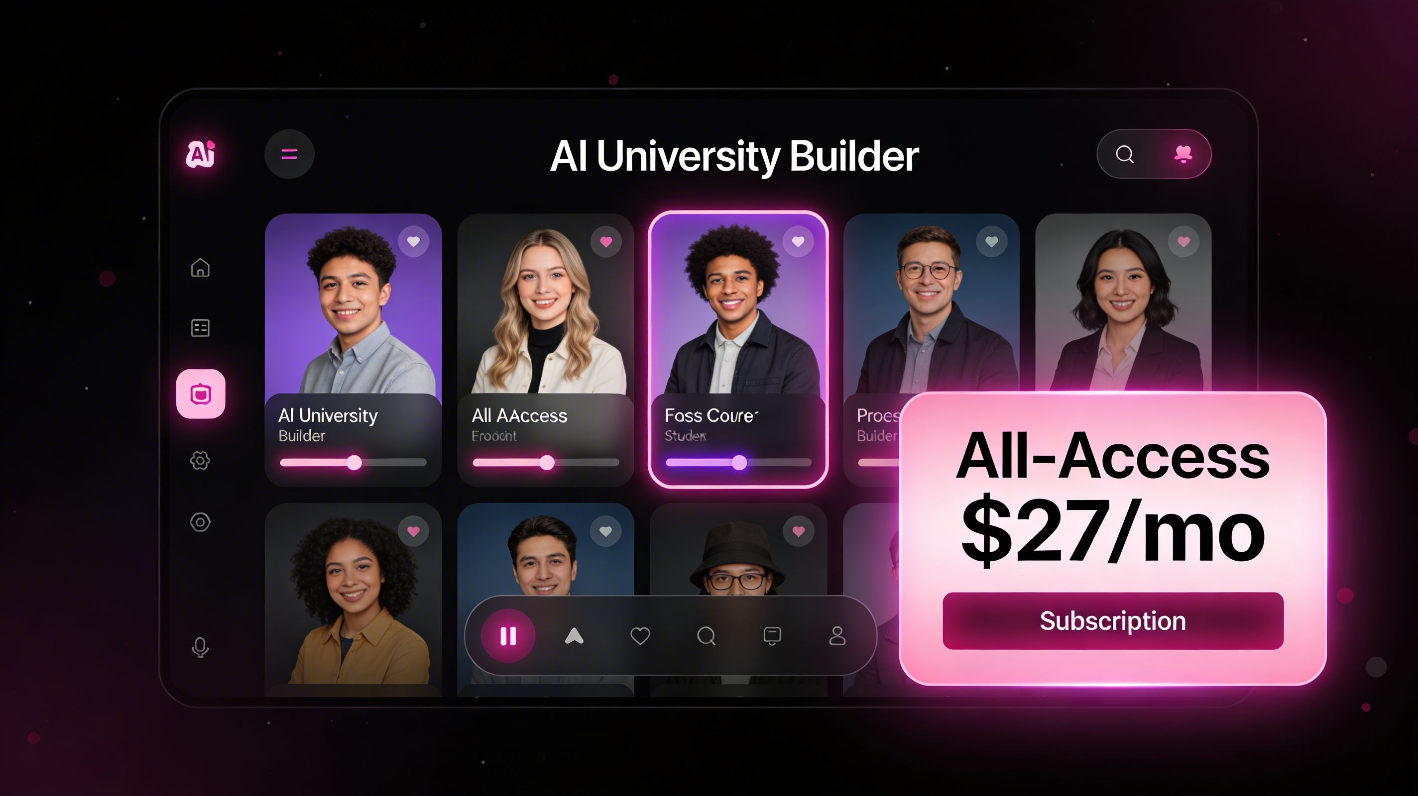 AI University Builder portal with multiple courses and an all-access subscription banner.