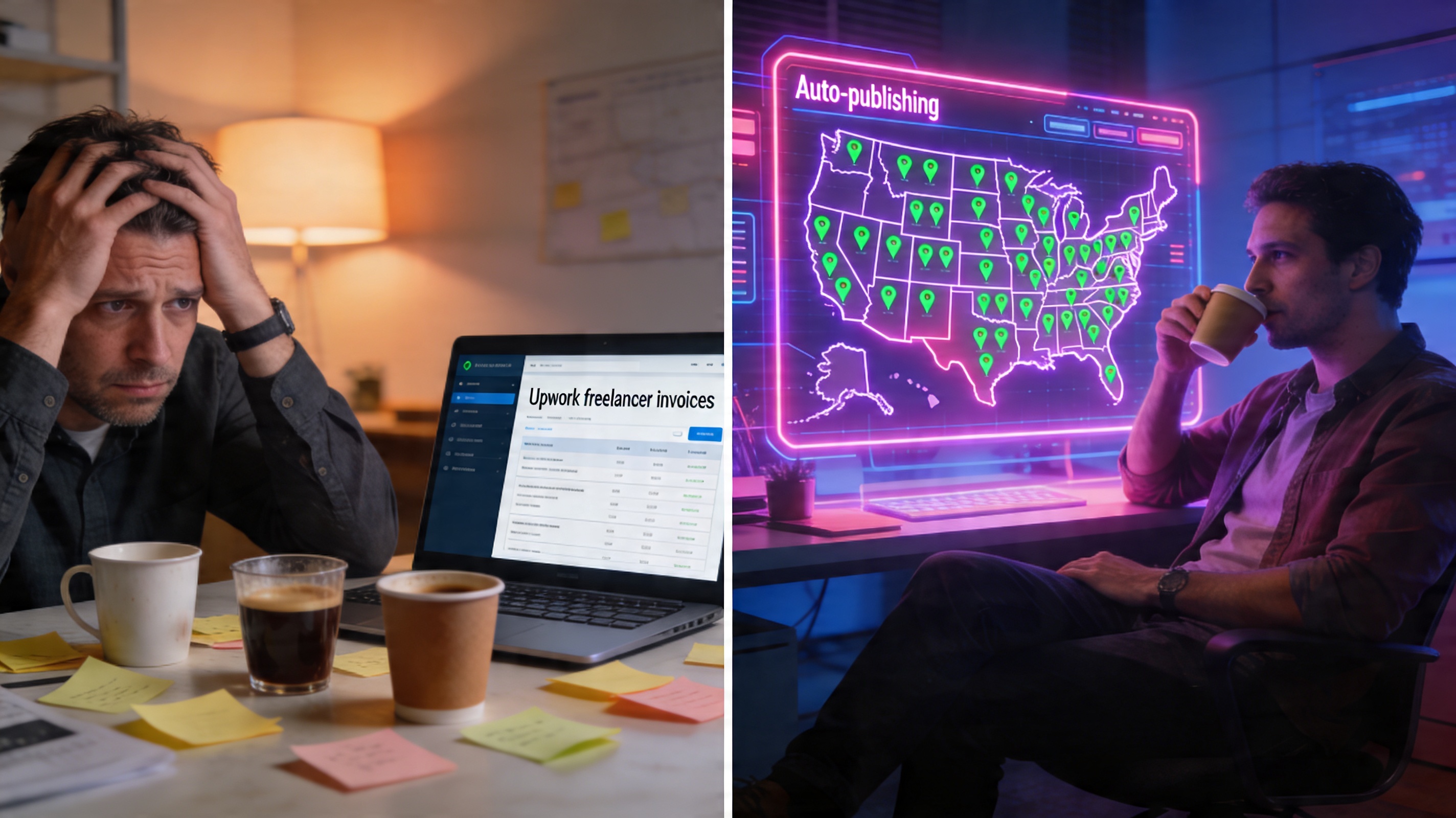 Cinematic split-screen showing a stressed American marketing agency owner surrounded by empty coffee cups, sticky notes, and a laptop showing Upwork freelancer invoices. On the right, a relaxed entrepreneur sipping coffee, looking at a glowing neon purple and pink holographic dashboard that shows a map of the USA with hundreds of green ranking pins and 'Auto-publishing' text. Photorealistic, 8k resolution.