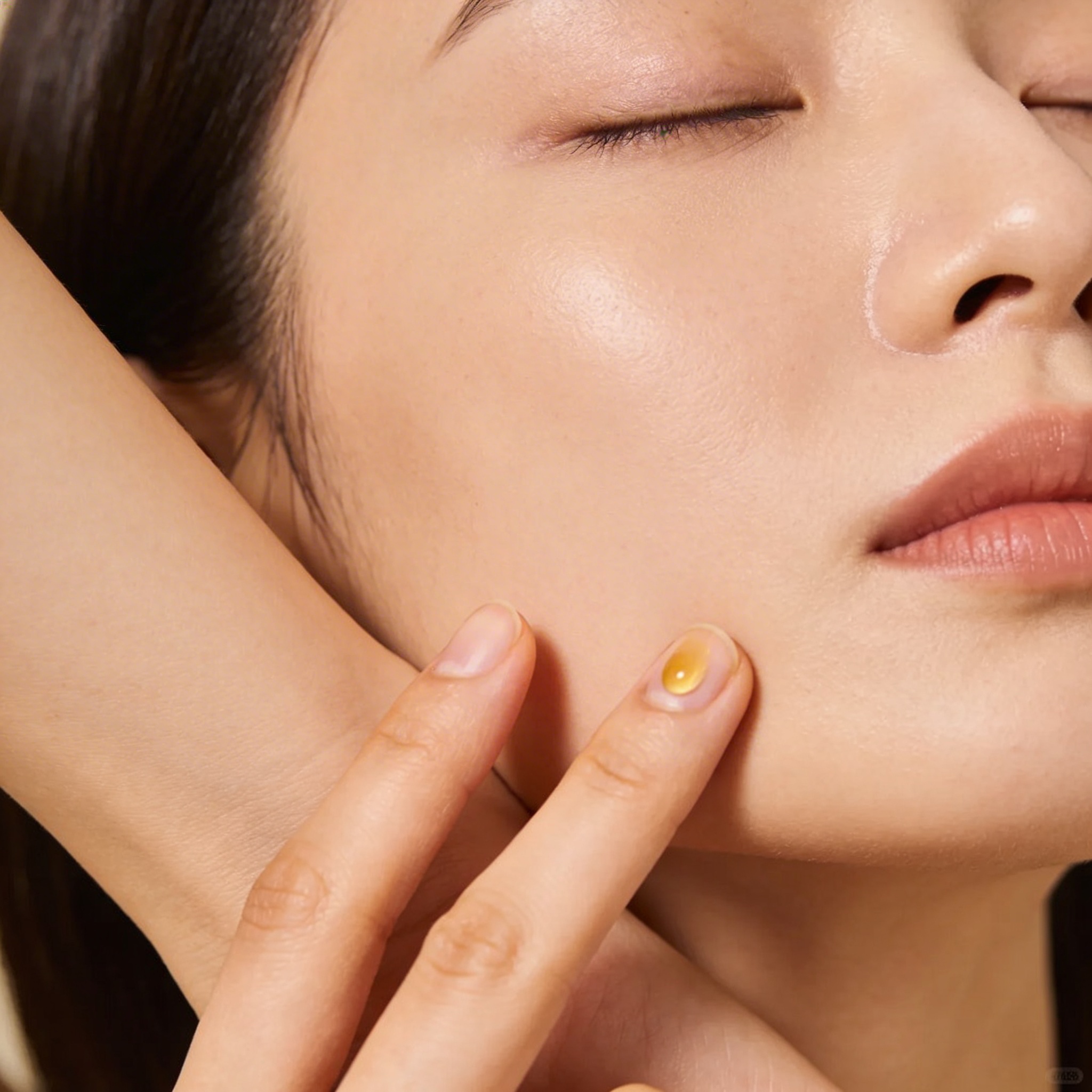 Pressing Sweetgrass No 1 oil serum into skin, warm close-up