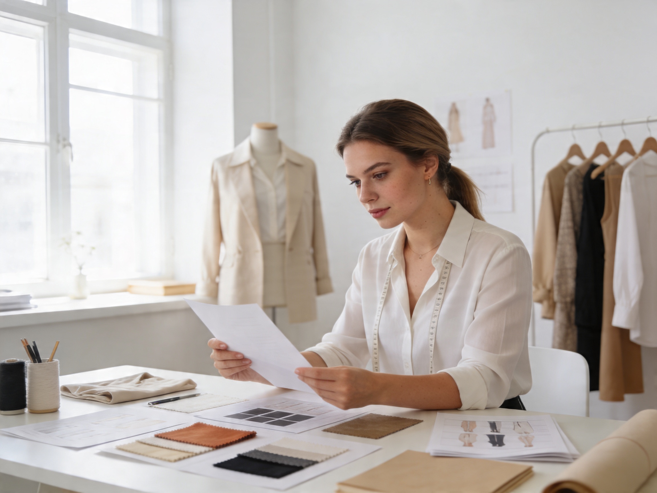 Основатель fashion-бренда за рабочим столом с документами и тканями