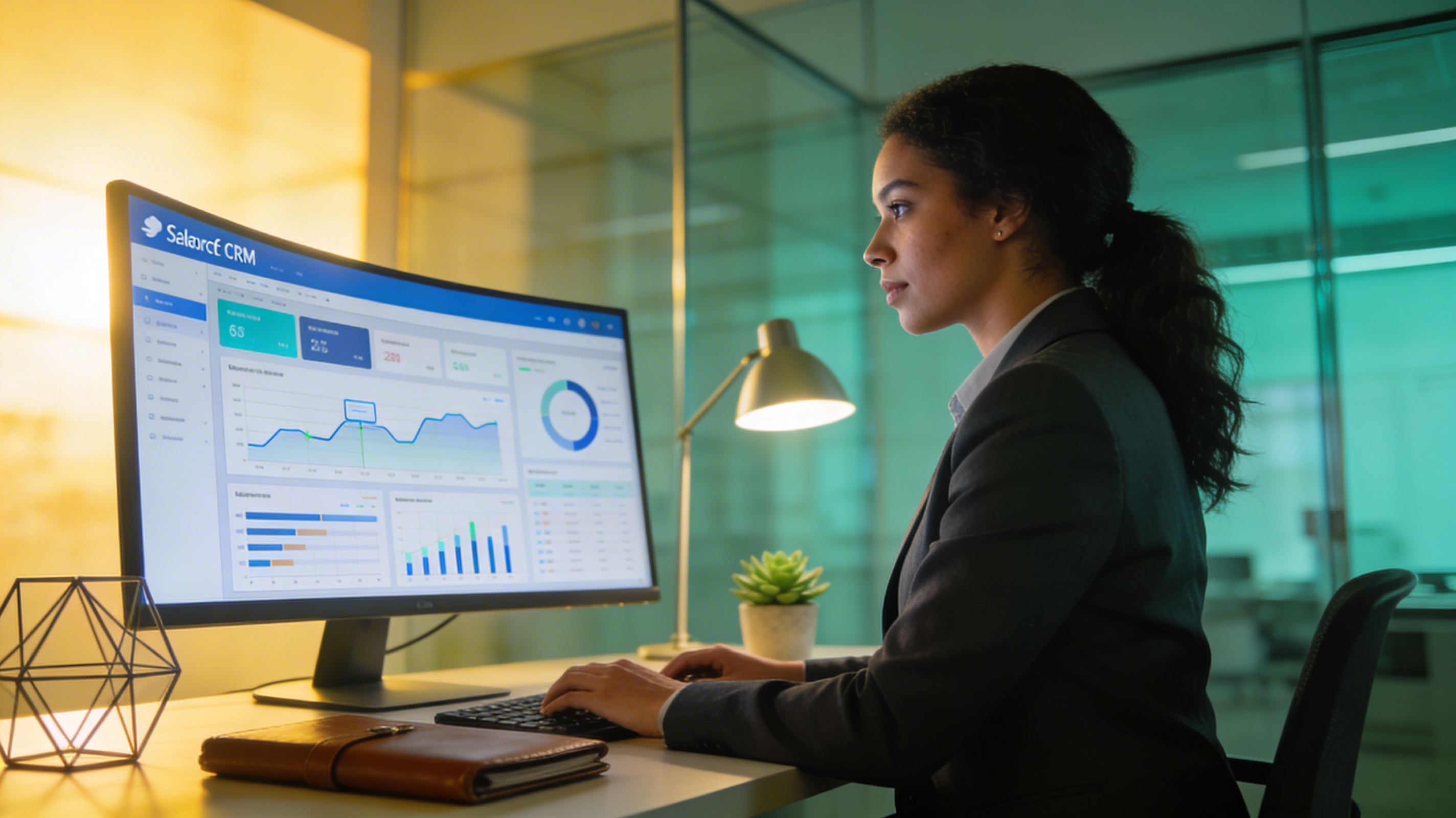 Professional working on a Salesforce CRM dashboard with analytics visualisations