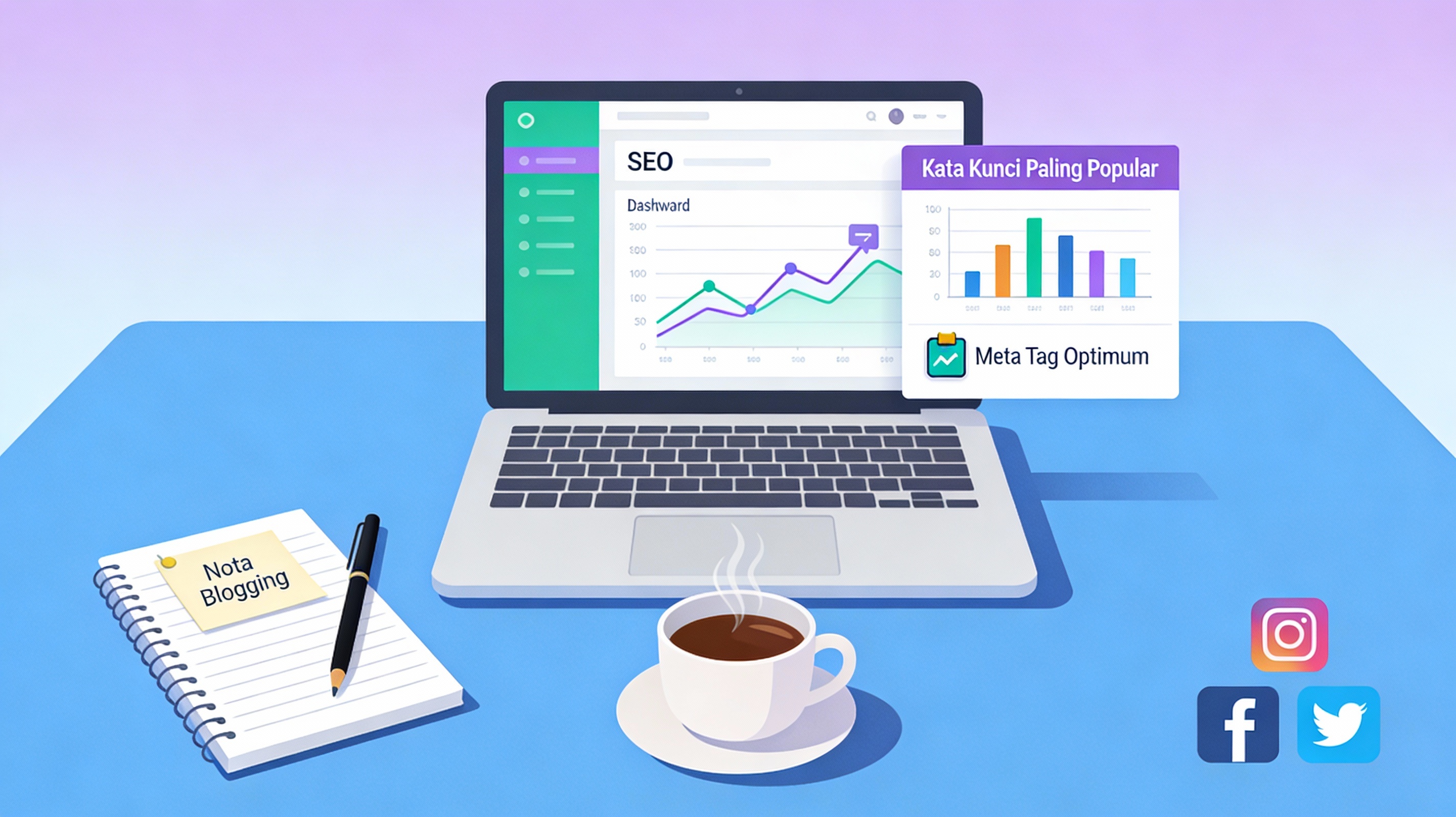 SEO Tools BM untuk blogger Malaysia - Ilustrasi moden dengan laptop dashboard SEO