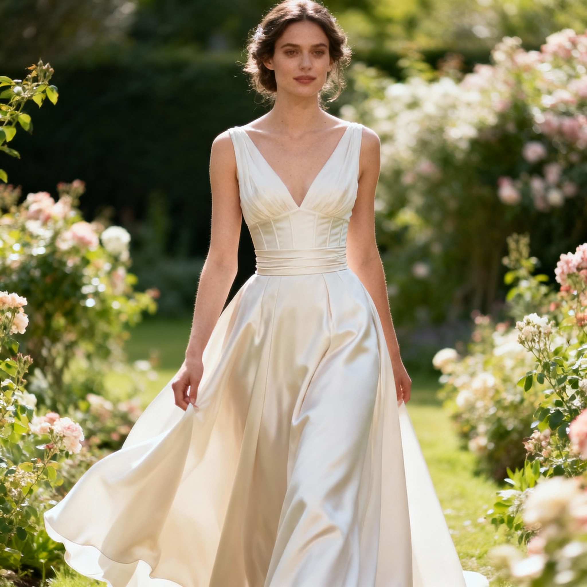 Wedding dress with Basque waistline and drop waist silhouette