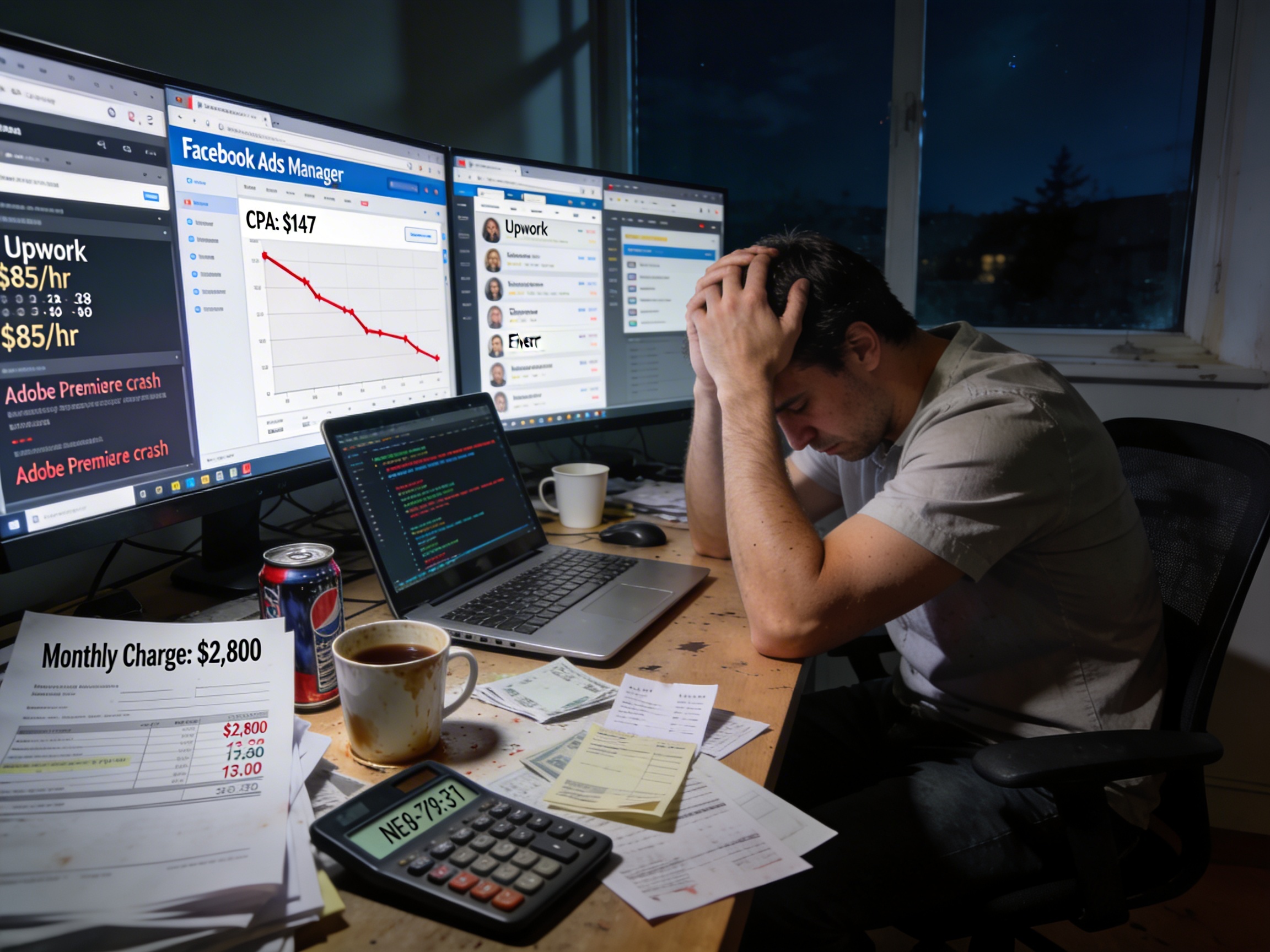 Photorealistic image of exhausted American small business owner late at night surrounded by unpaid video editor invoices showing $2,800 monthly charges, laptop displaying Facebook Ads Manager with red declining ROI graphs and $147 CPA costs, messy desk with bills and calculator showing negative margins