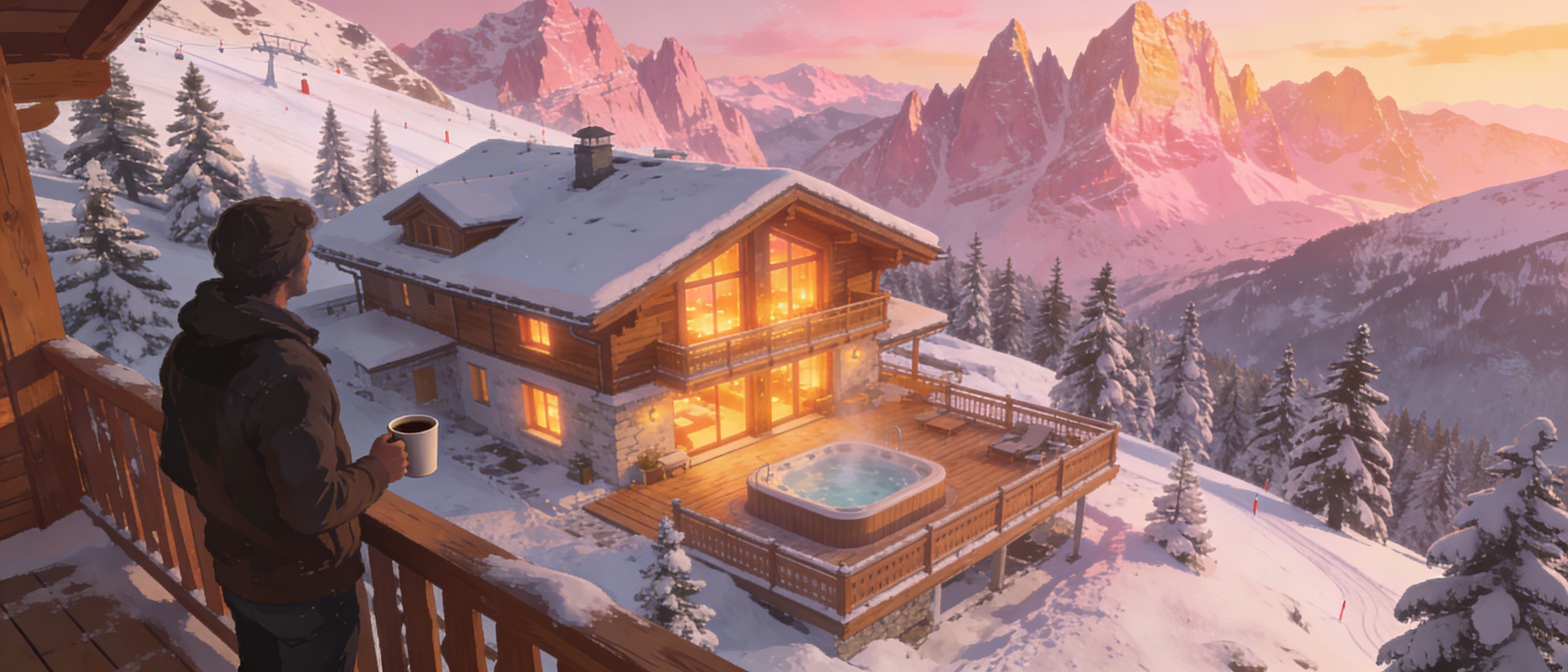 Luxury Alpine ski chalet at golden hour — aspirational lifestyle real estate