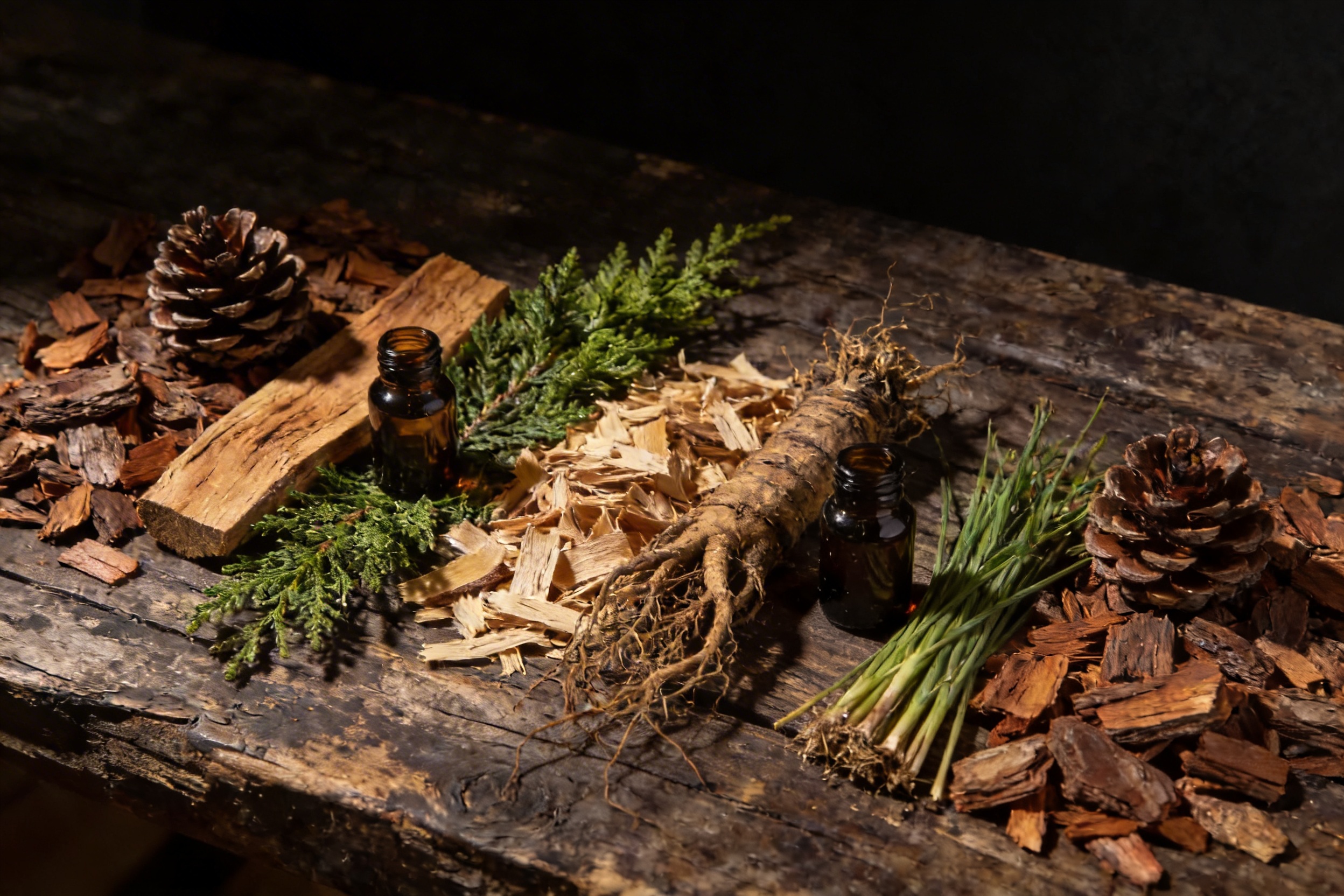 Cedarwood chips, pine cones, sandalwood shavings and cypress branches with dark glass bottles on weathered wood