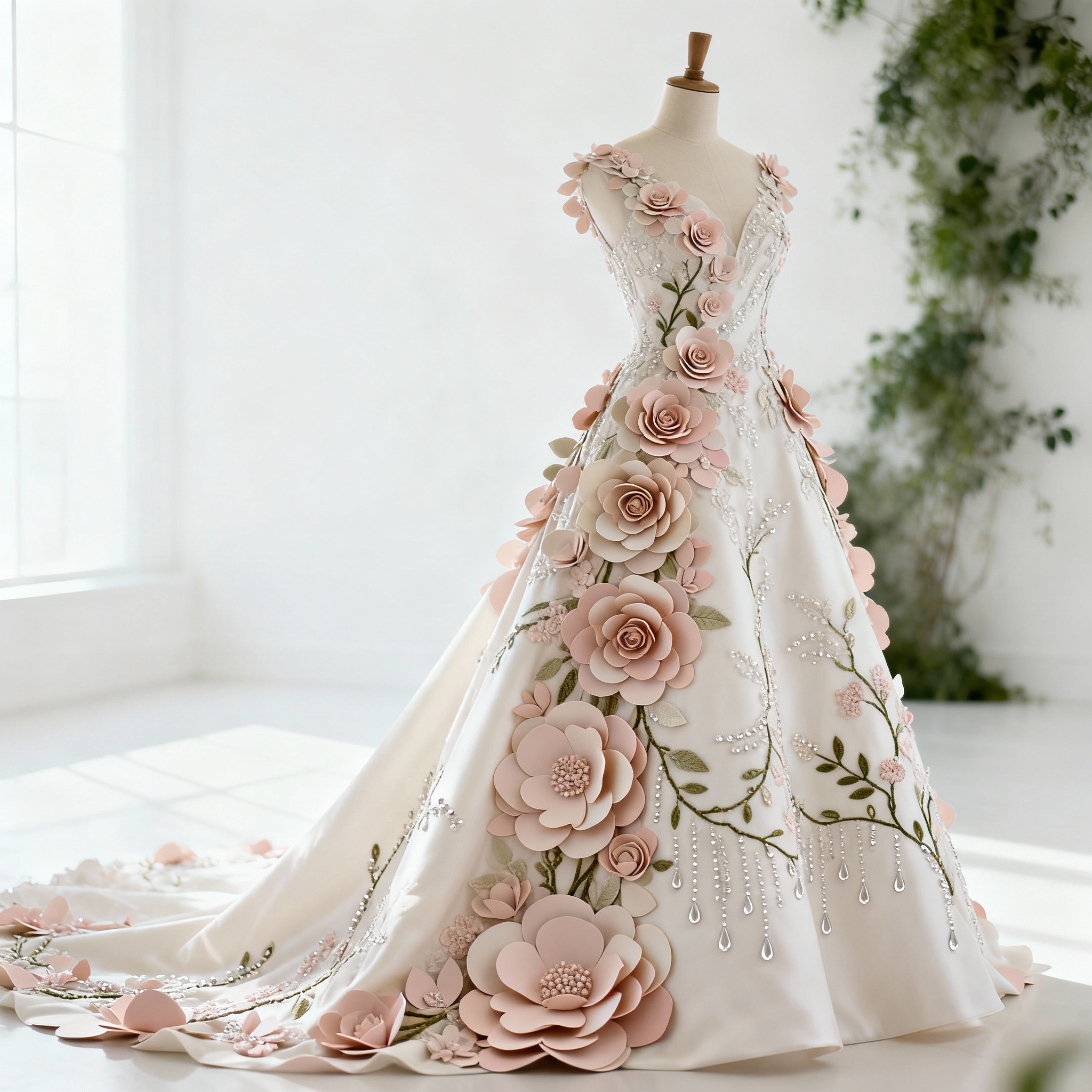 Wedding dress with 3D floral appliqués and garden-inspired details