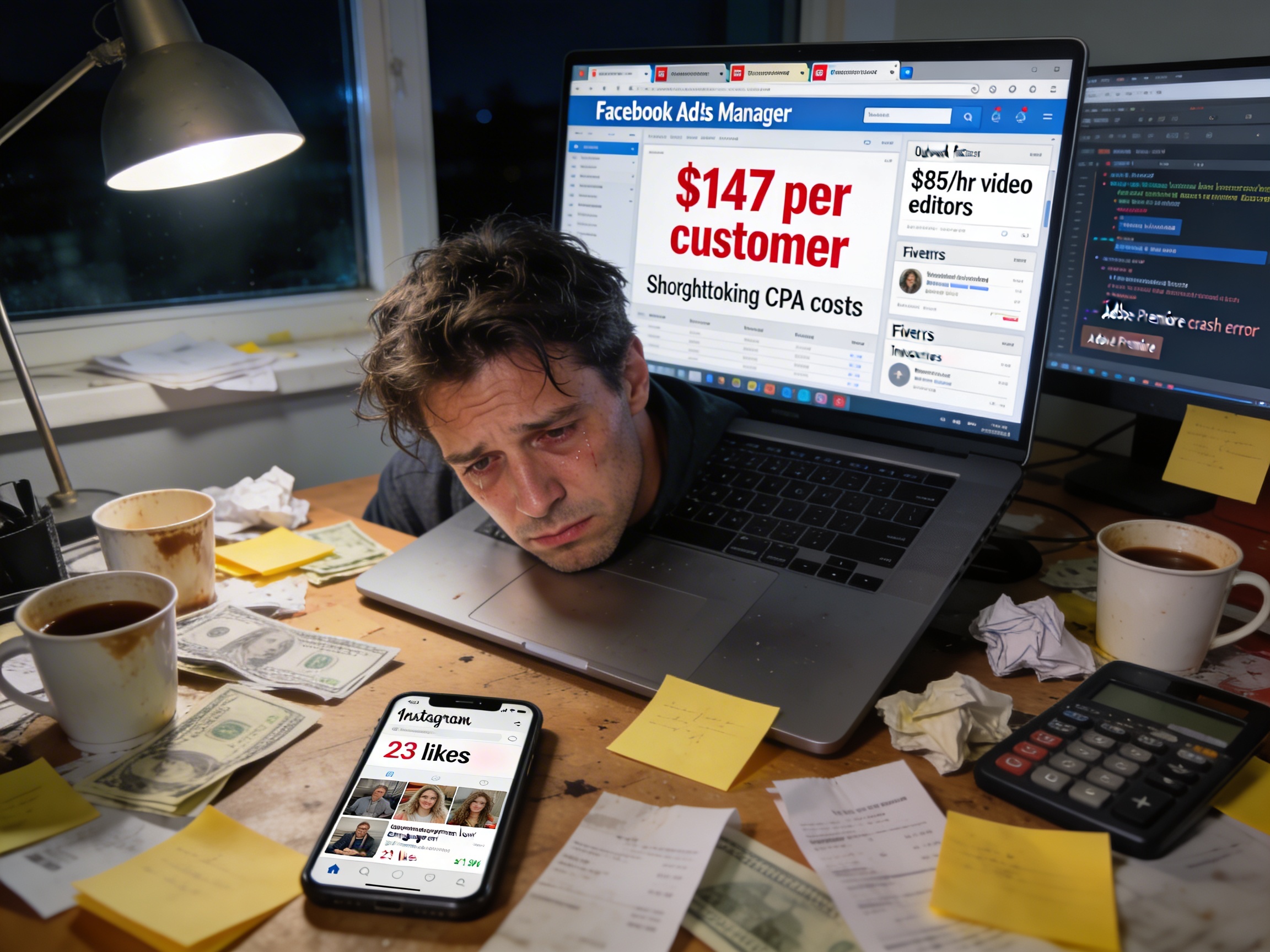 Photorealistic image of exhausted American business owner late at night surrounded by laptop showing skyrocketing Facebook ad costs, Upwork invoices for $85/hr video editors, bills, and low-engagement social media metrics.