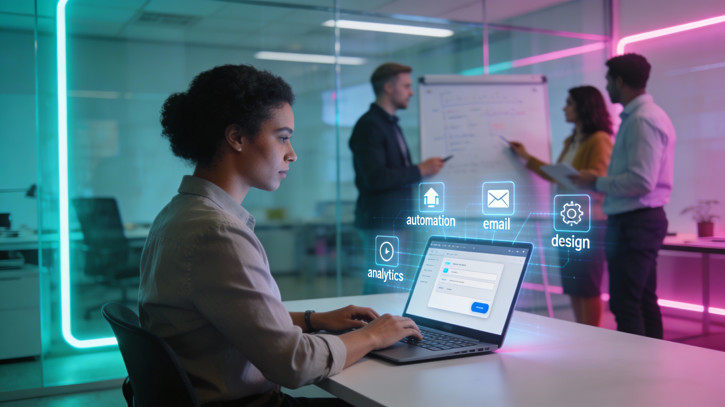 Modern office with AI workflow holograms