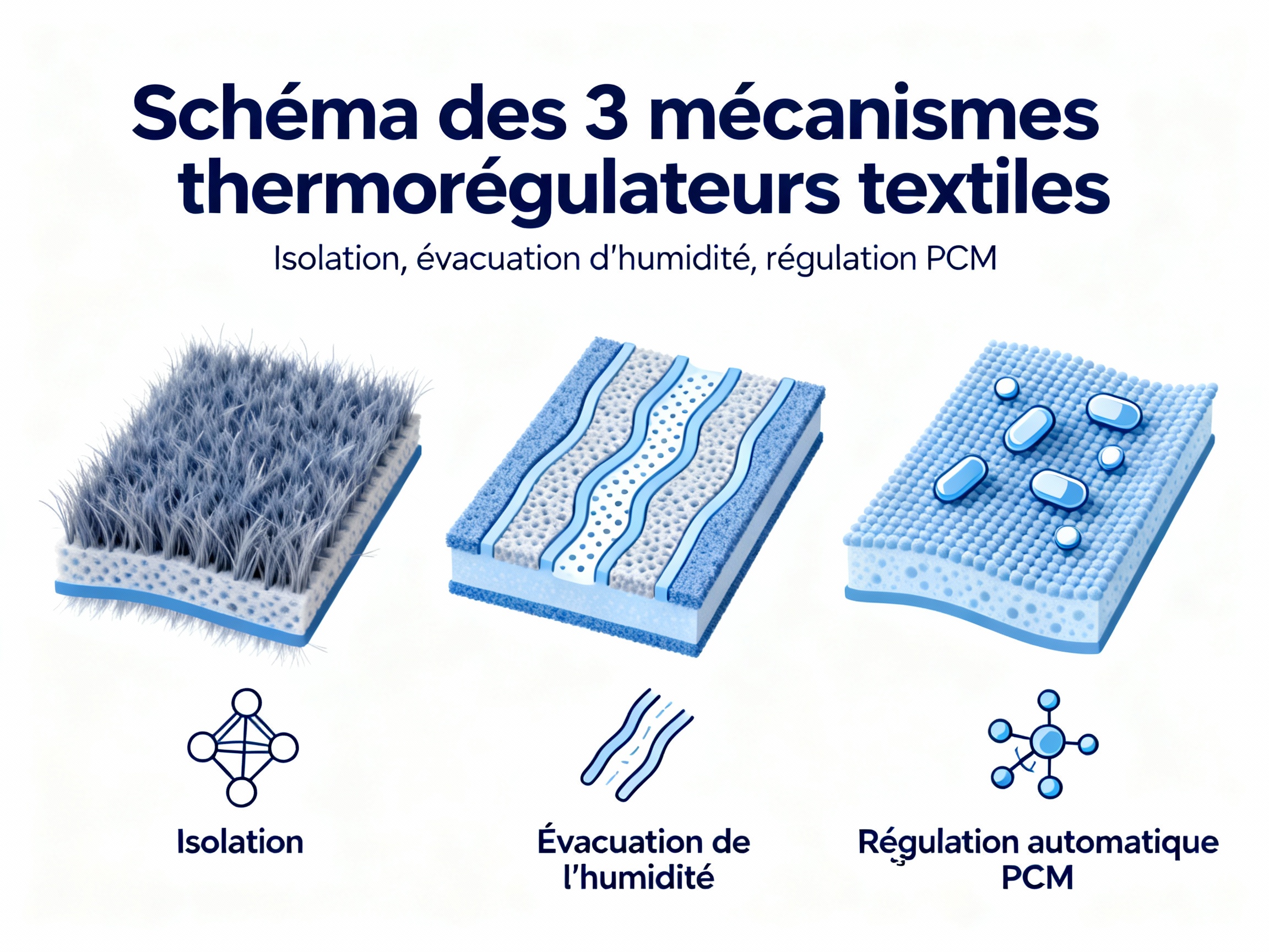 Schéma des 3 mécanismes thermorégulateurs textile : isolation, évacuation de l'humidité, régulation automatique PCM.