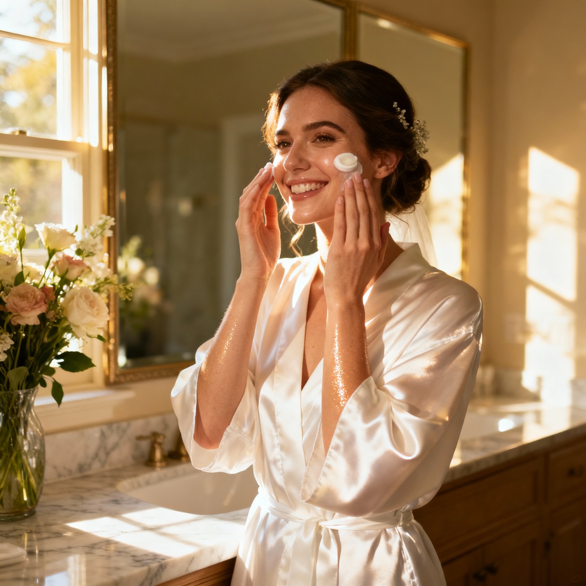 Bride applying moisturizer, smiling in sunlit bathroom