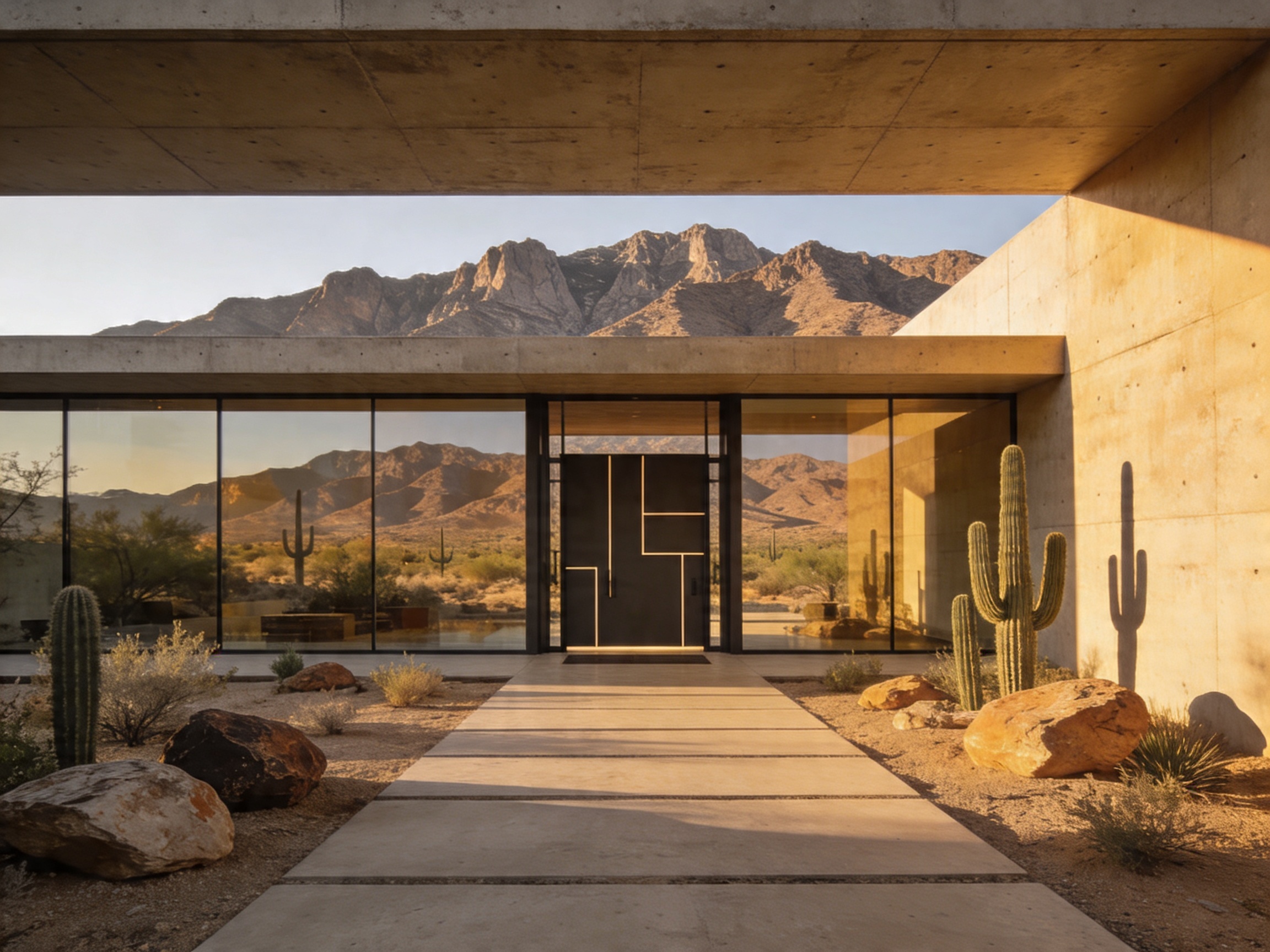 Ultra-modern desert-contemporary custom luxury home at Ascaya Henderson Nevada with McCullough Mountain backdrop during golden hour sunset
