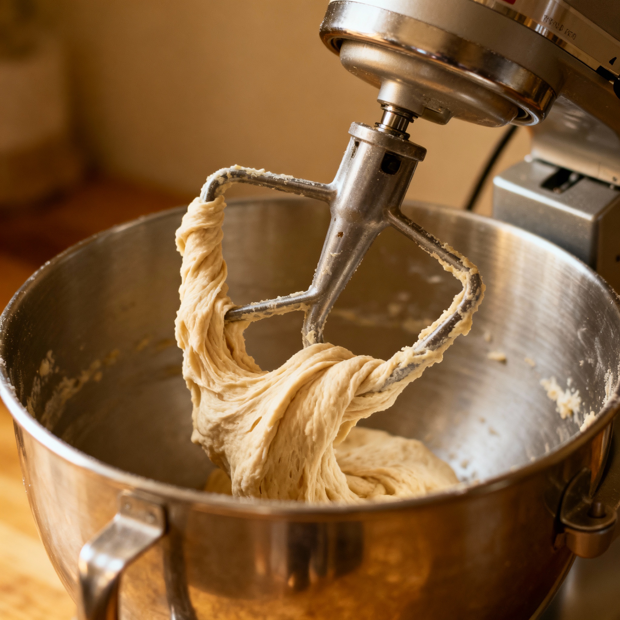 Dough hook kneading bread dough in stand mixer