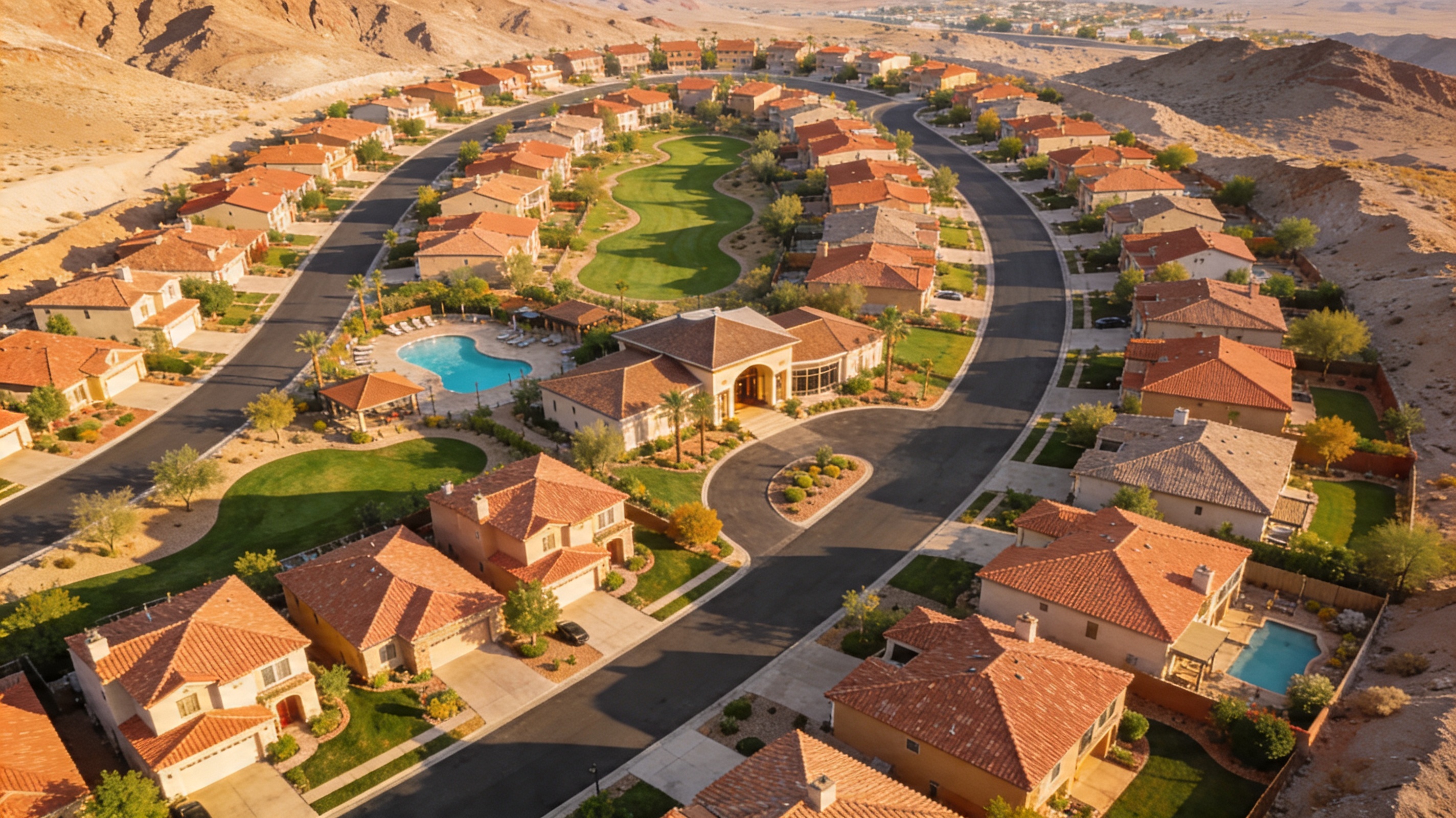 Overhead aerial view of Henderson Nevada's Green Valley Ranch master-planned community showing curving tree-lined streets, terracotta rooftop homes, manicured green belts, a clubhouse, and community pool surrounded by desert terrain