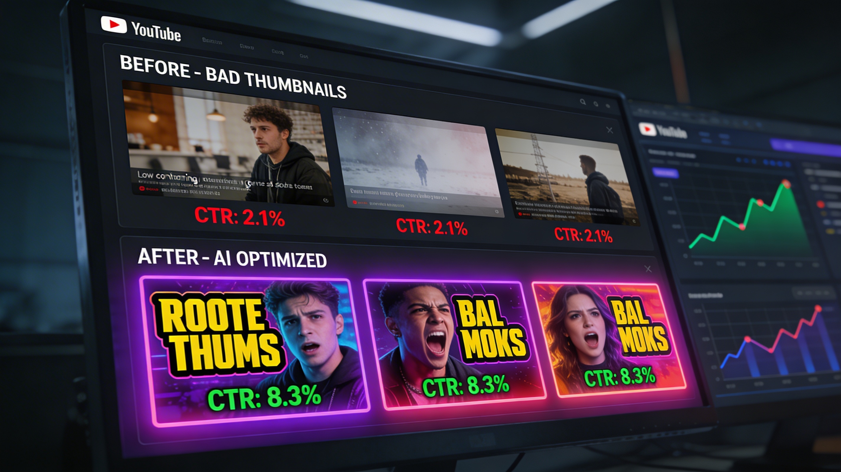 Photorealistic comparison study showing before and after thumbnails. Top row shows 3 boring amateur thumbnails with 2.1% CTR. Bottom row shows 3 vibrant AI-generated thumbnails with 8.3% CTR, dramatic improvement highlighted.