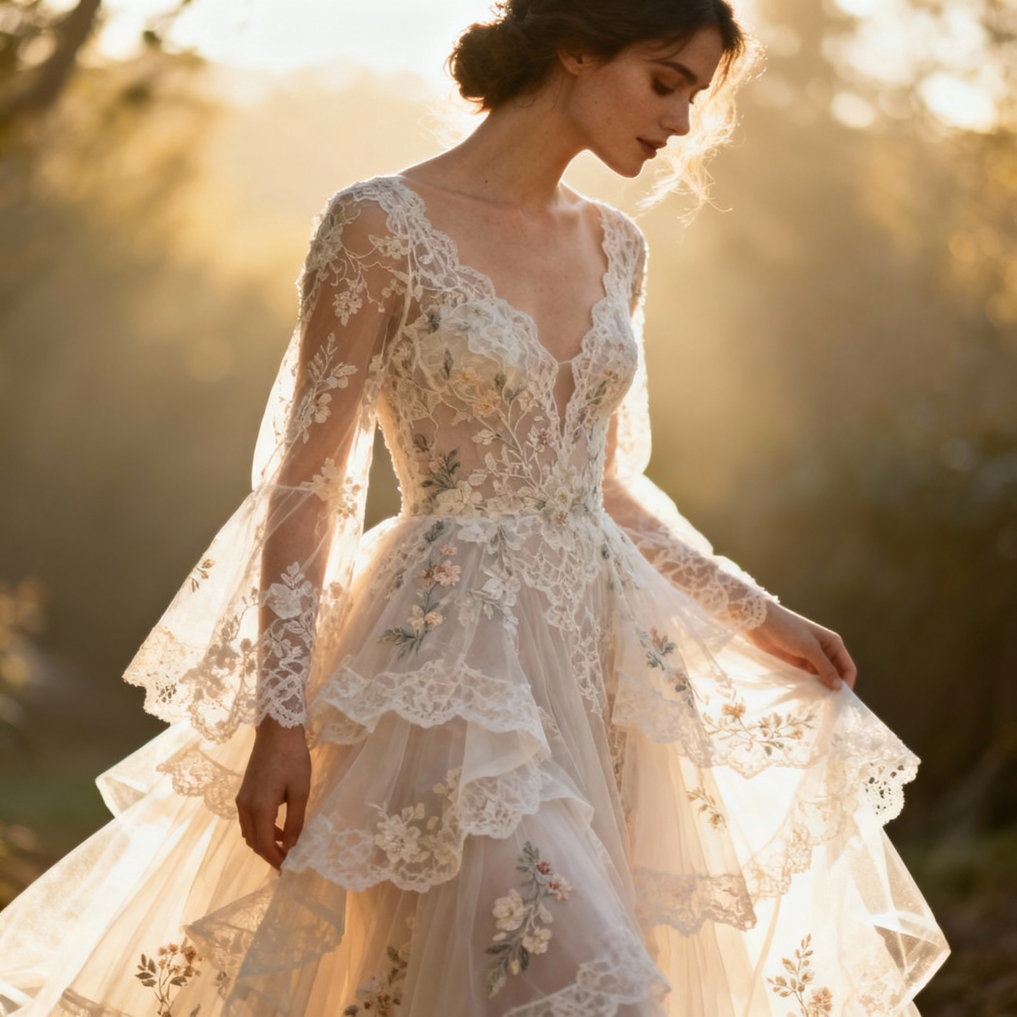 Ethereal multi-dimensional layered lace wedding dress