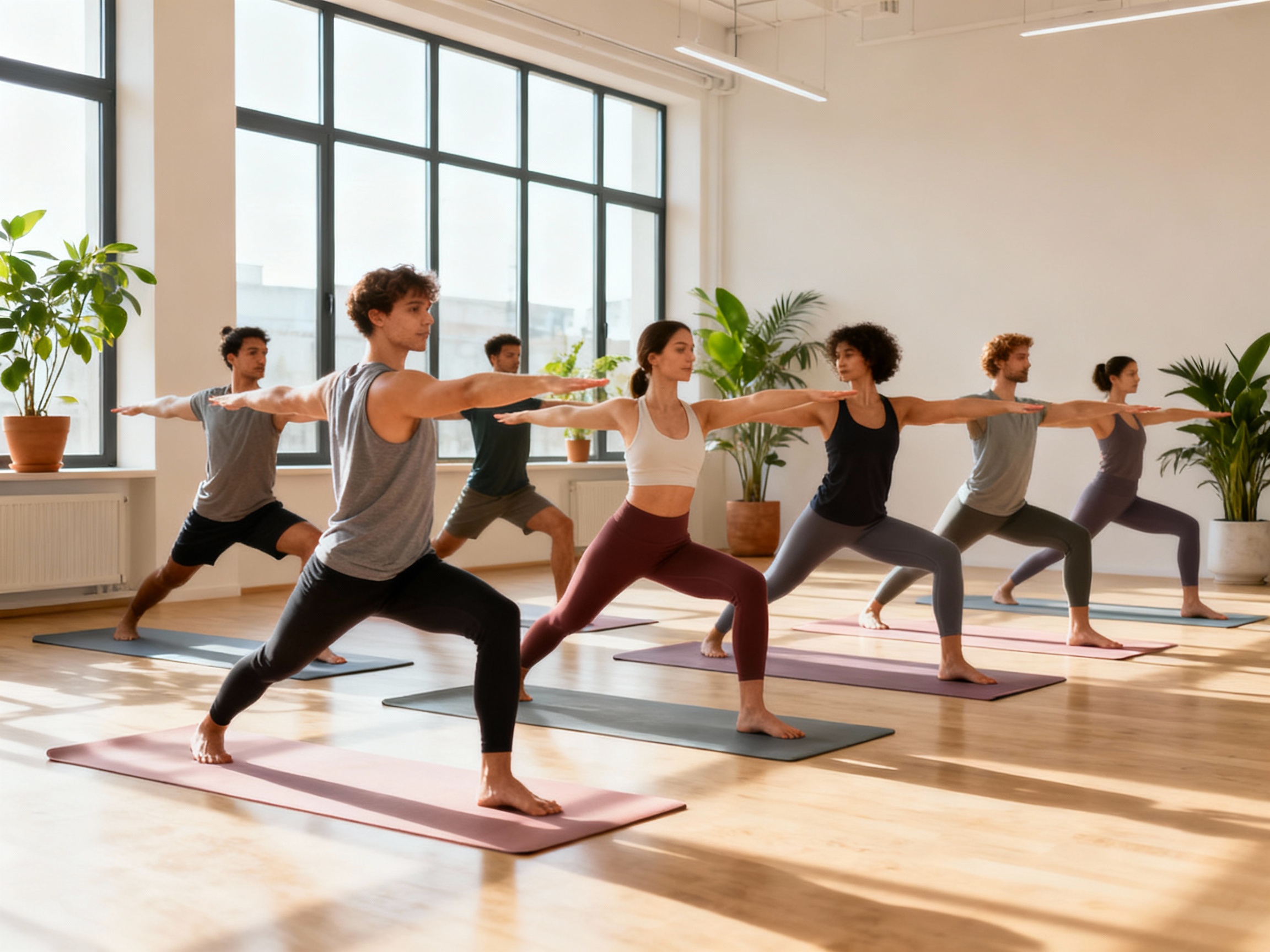 Group of diverse students in a yoga class stretching together