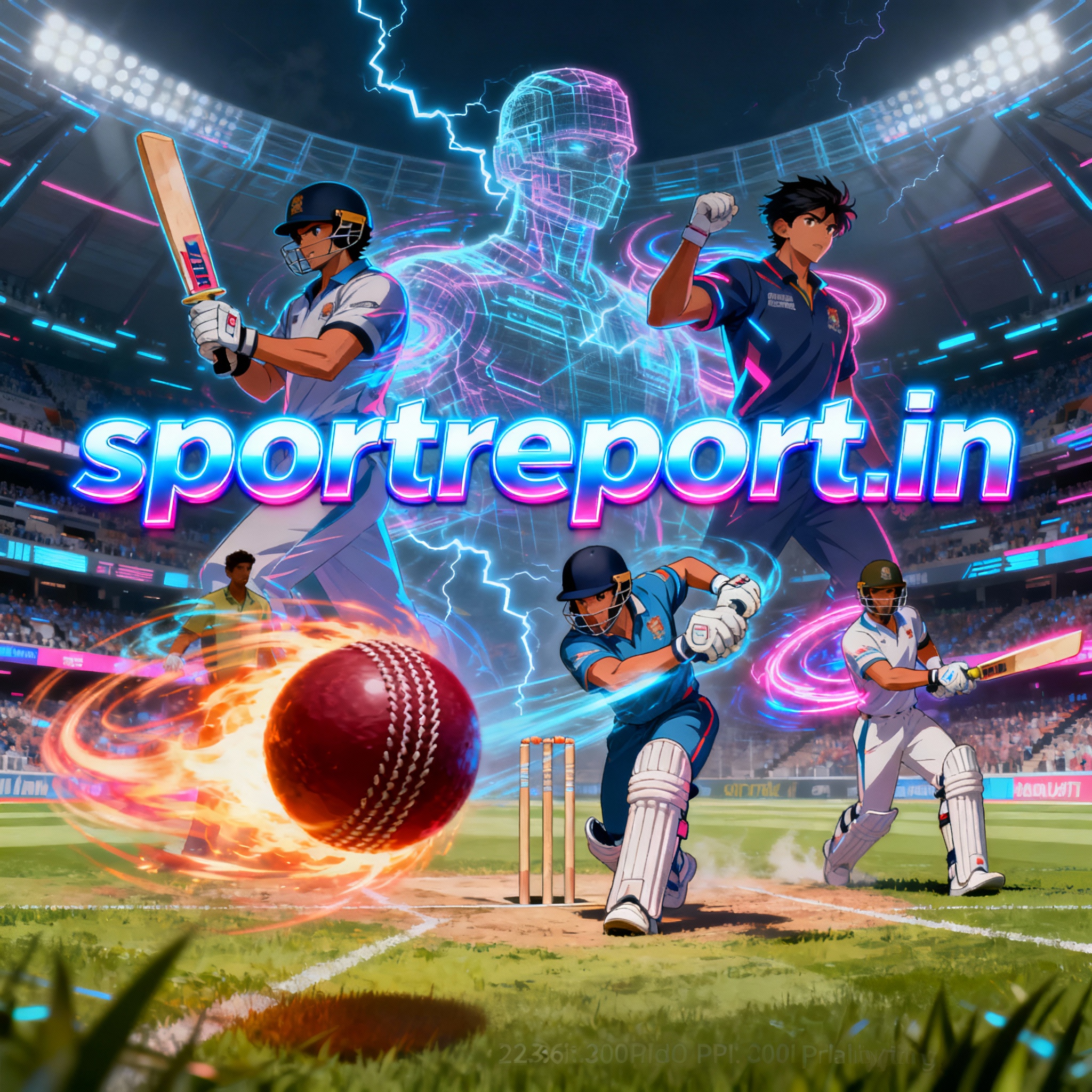 Futuristic anime sports poster with glowing sportreport.in domain centered.