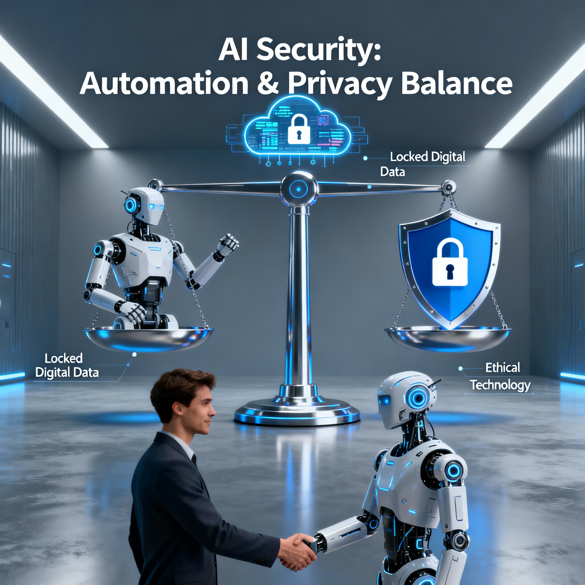 Digital illustration of AI security with locked data and symbols balancing automation and privacy, in an ethical technology context.