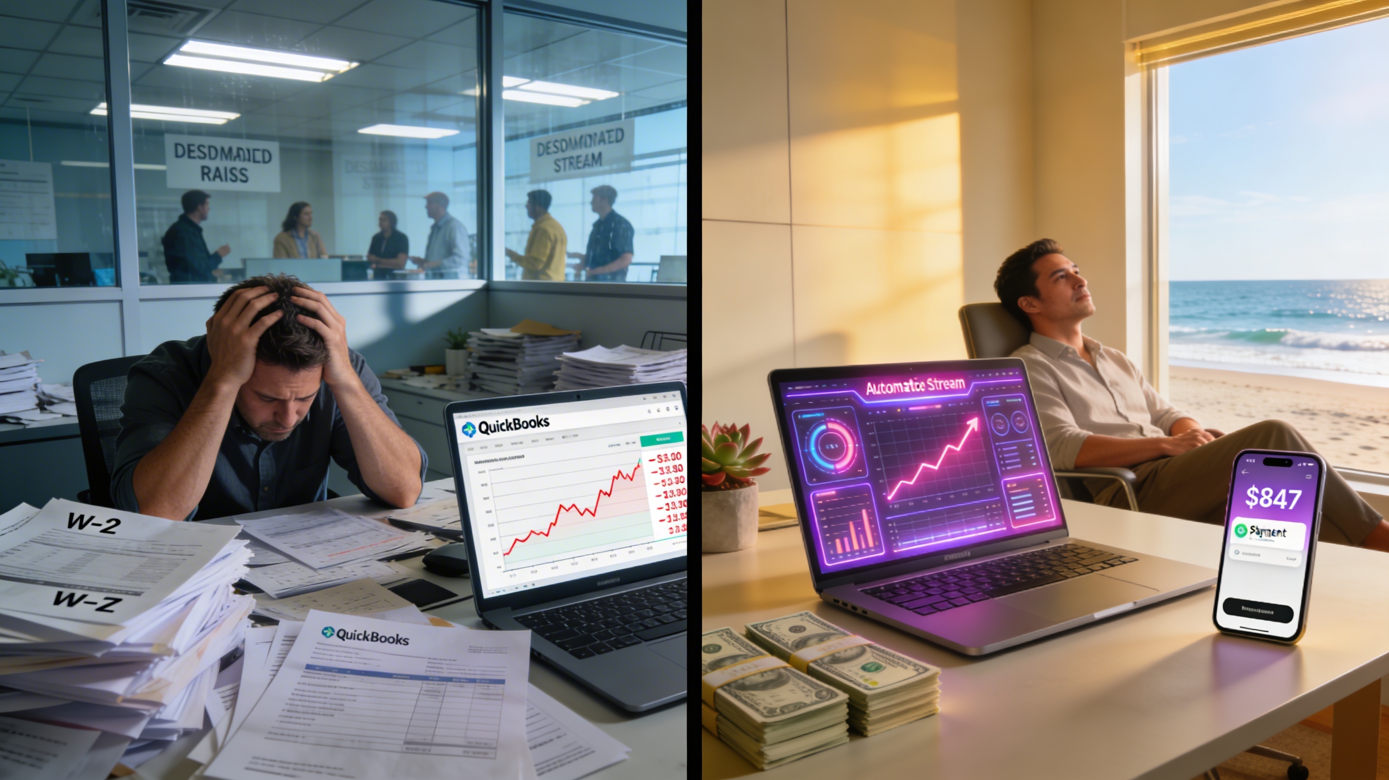 Photorealistic split screen showing stressed business owner surrounded by payroll invoices and employee demands on left, versus calm solo entrepreneur with AI automation dashboard showing passive income streams on right