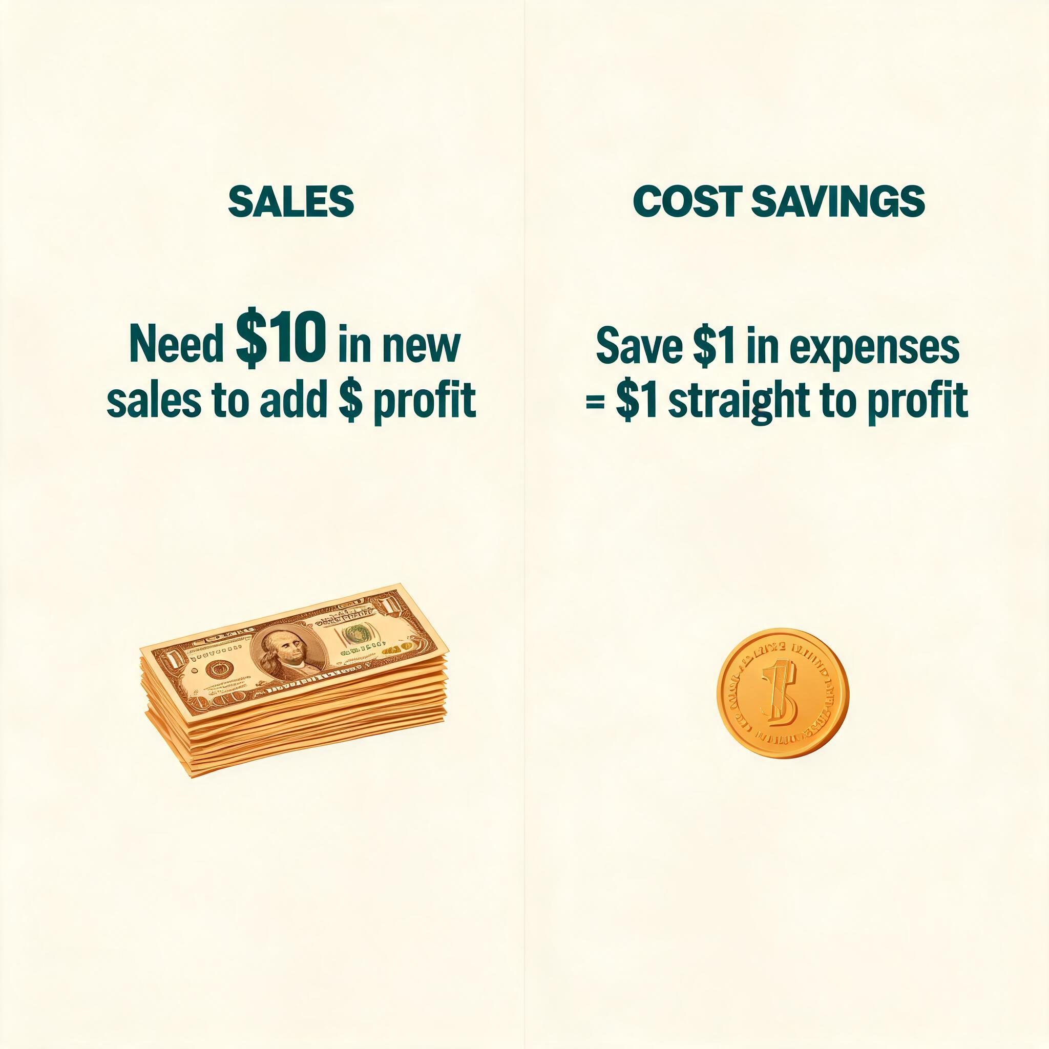 Illustration showing that saving $1 in expenses equals $1 profit, while generating $1 profit from new sales requires $10 in revenue