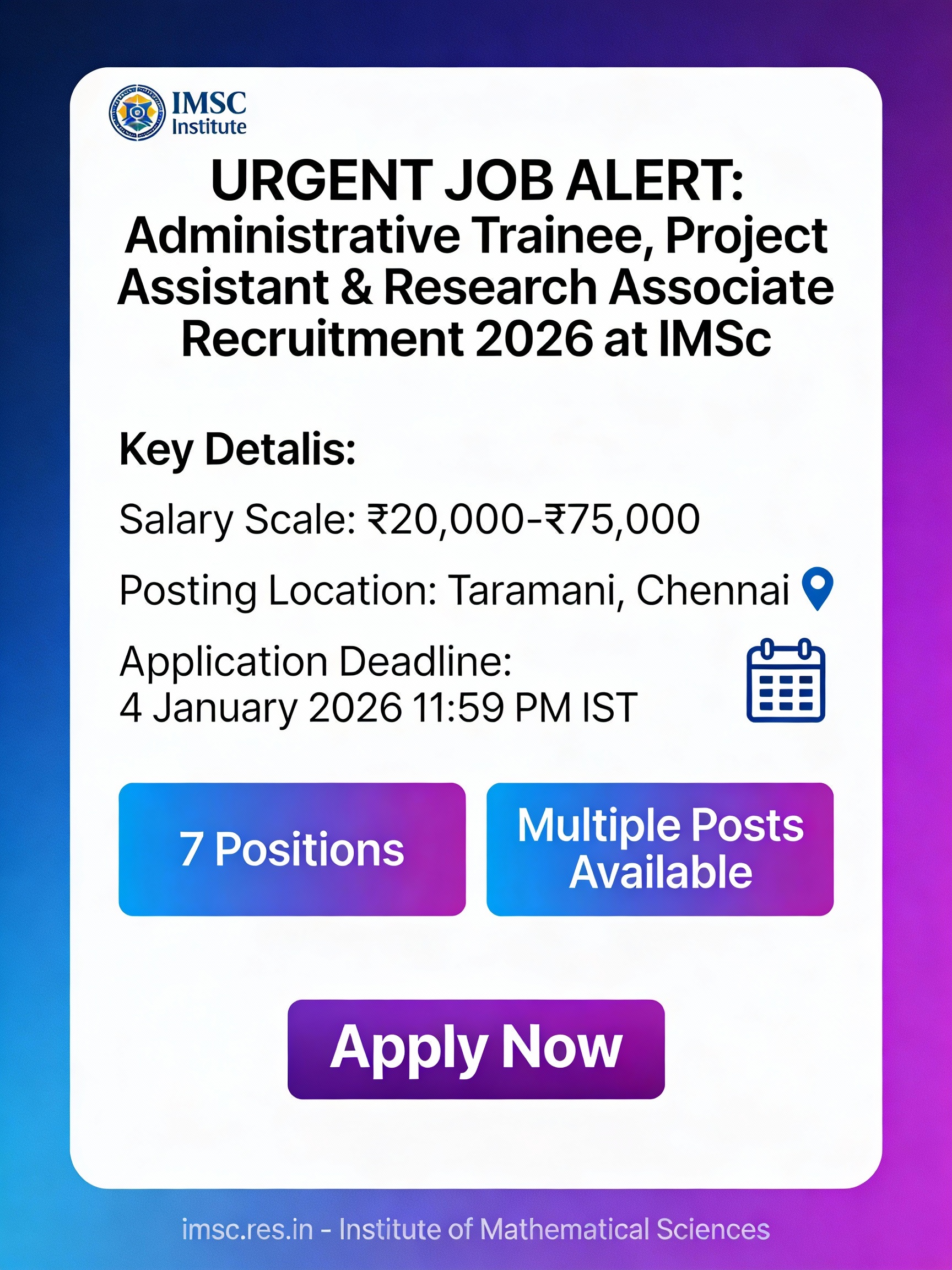 IMSc Administrative Trainee & Research Associate Job Notification 2026