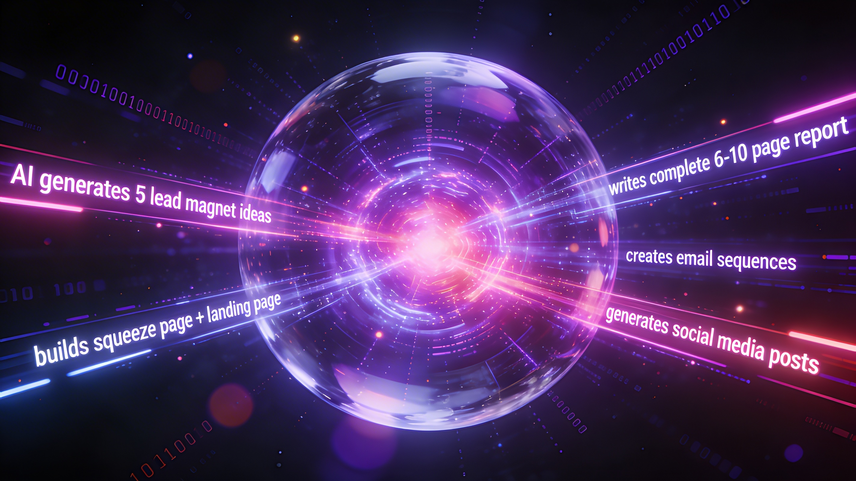 Futuristic holographic technology visualization with glowing translucent sphere showing AI automation architecture, data streams displaying lead magnet generation, squeeze page building, email sequences, social posts, traffic plans, purple and pink neon effects, sci-fi JARVIS-style interface, cinematic lighting