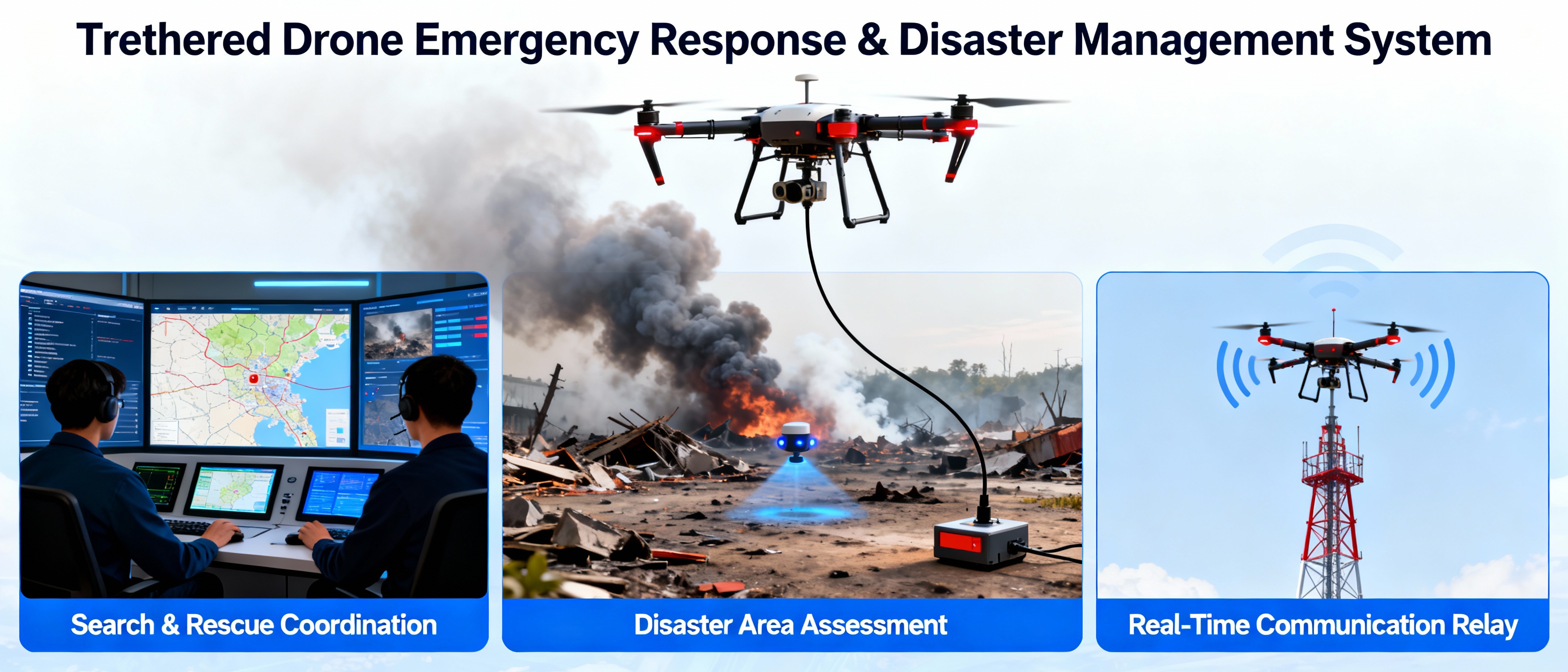 Tethered drones for emergency response and disaster management operations