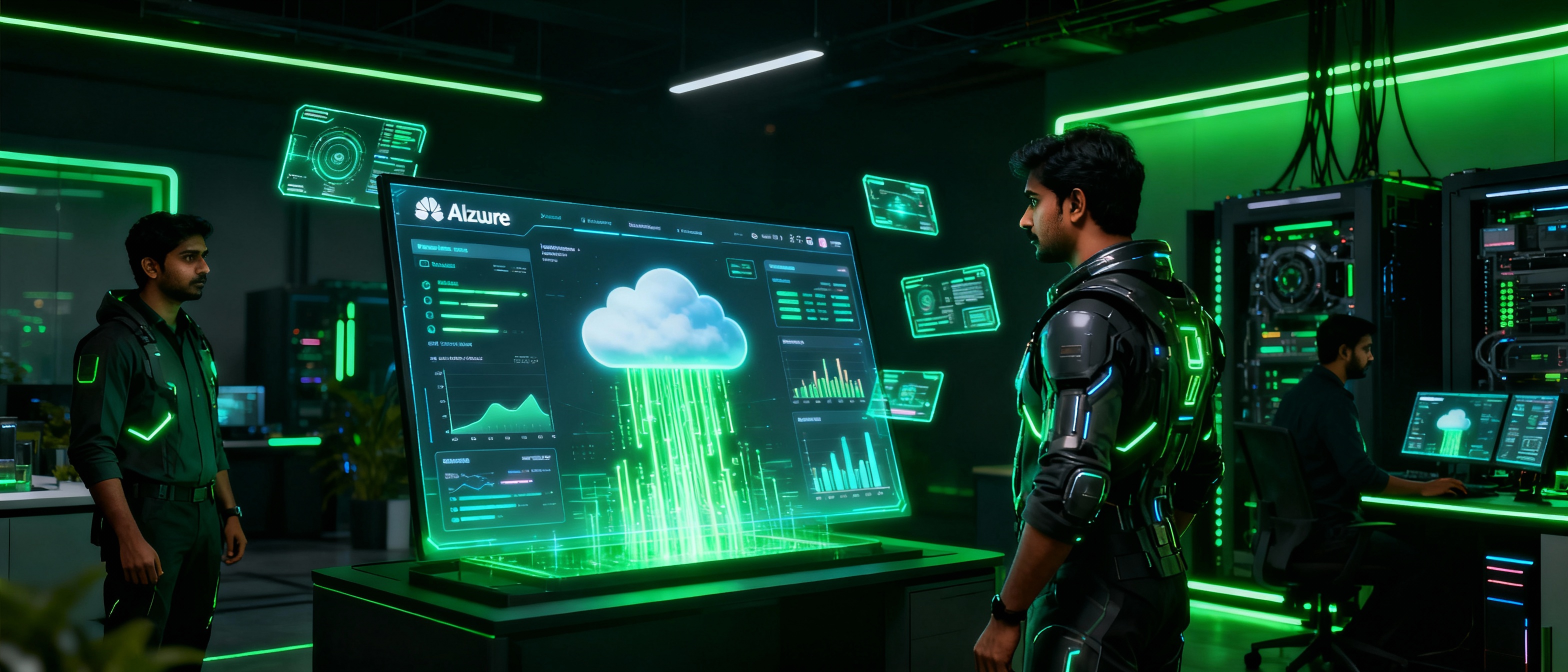 Engineers monitoring Azure cloud dashboards