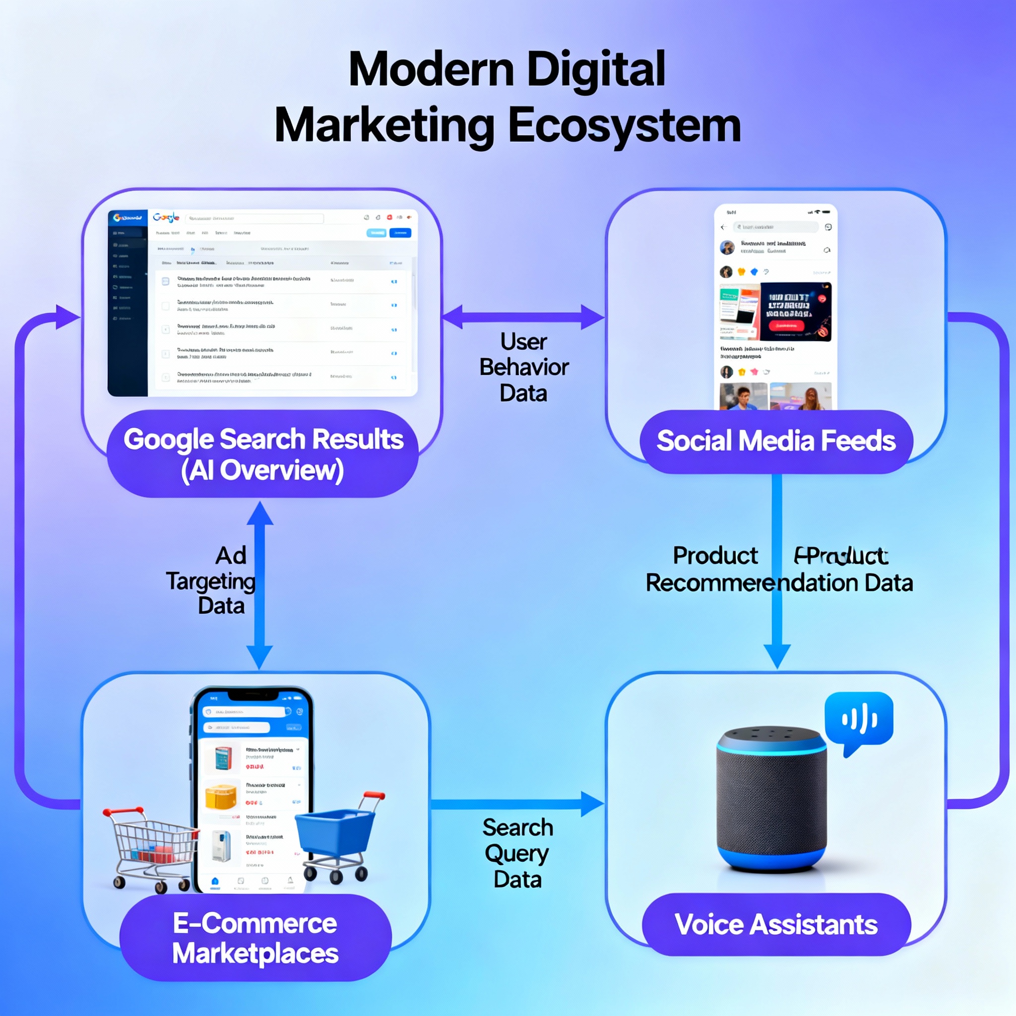 Současný digitální marketingový ekosystém s propojenými platformami