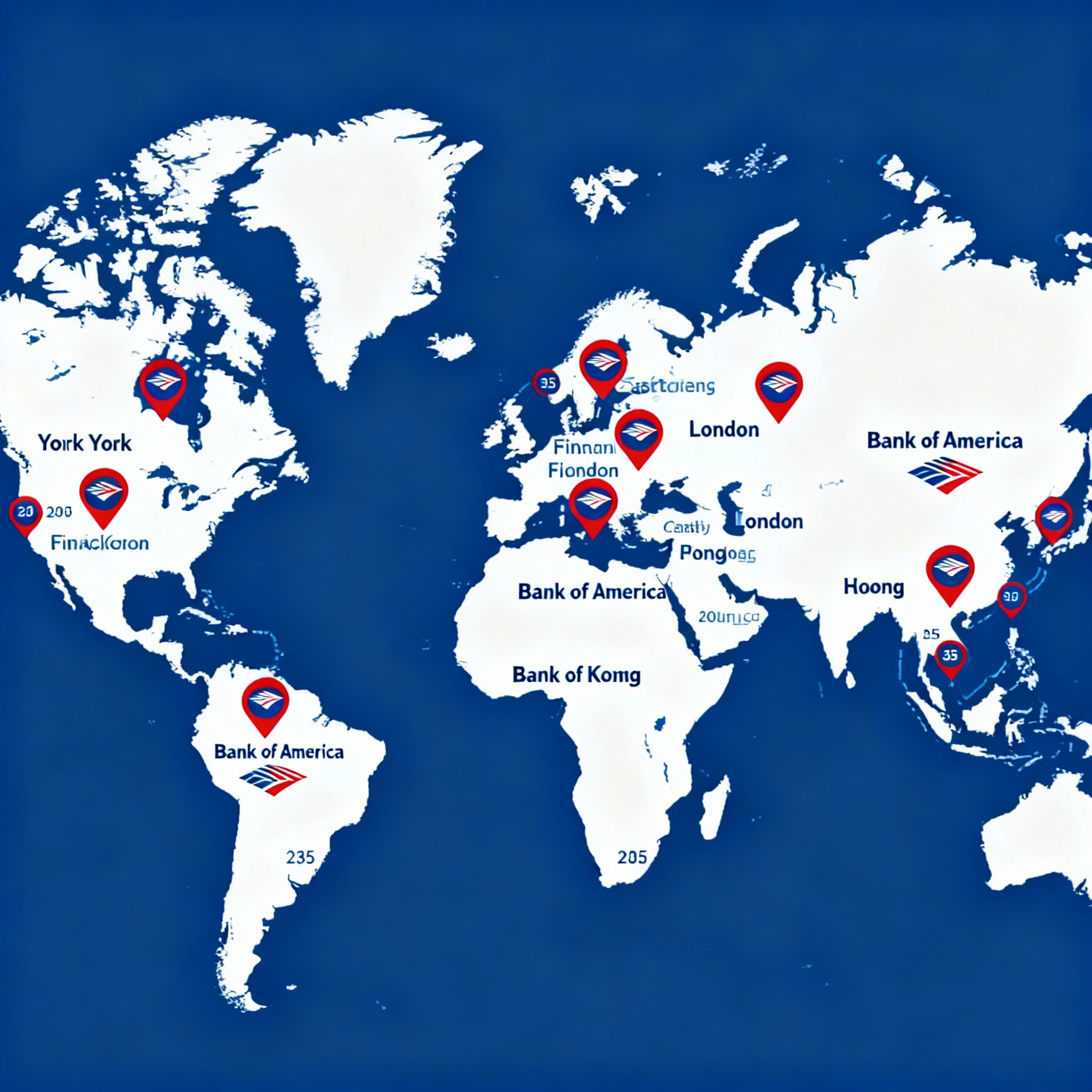 Global map highlighting Bank of America presence and major financial centers.