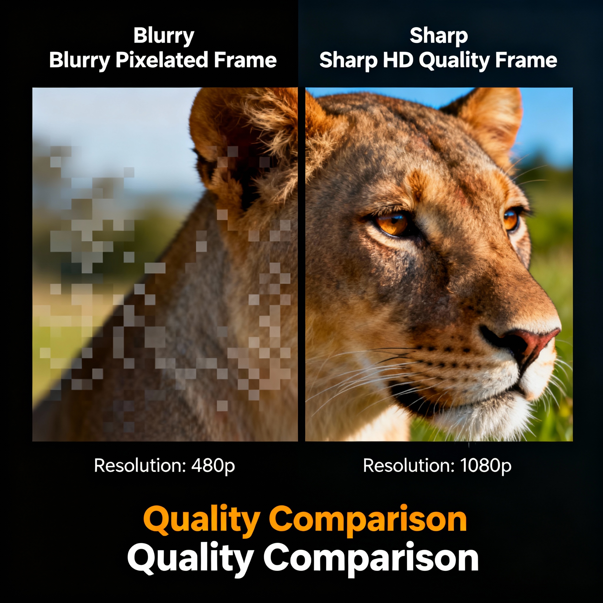 Before and after comparison showing video quality improvement with upscaling