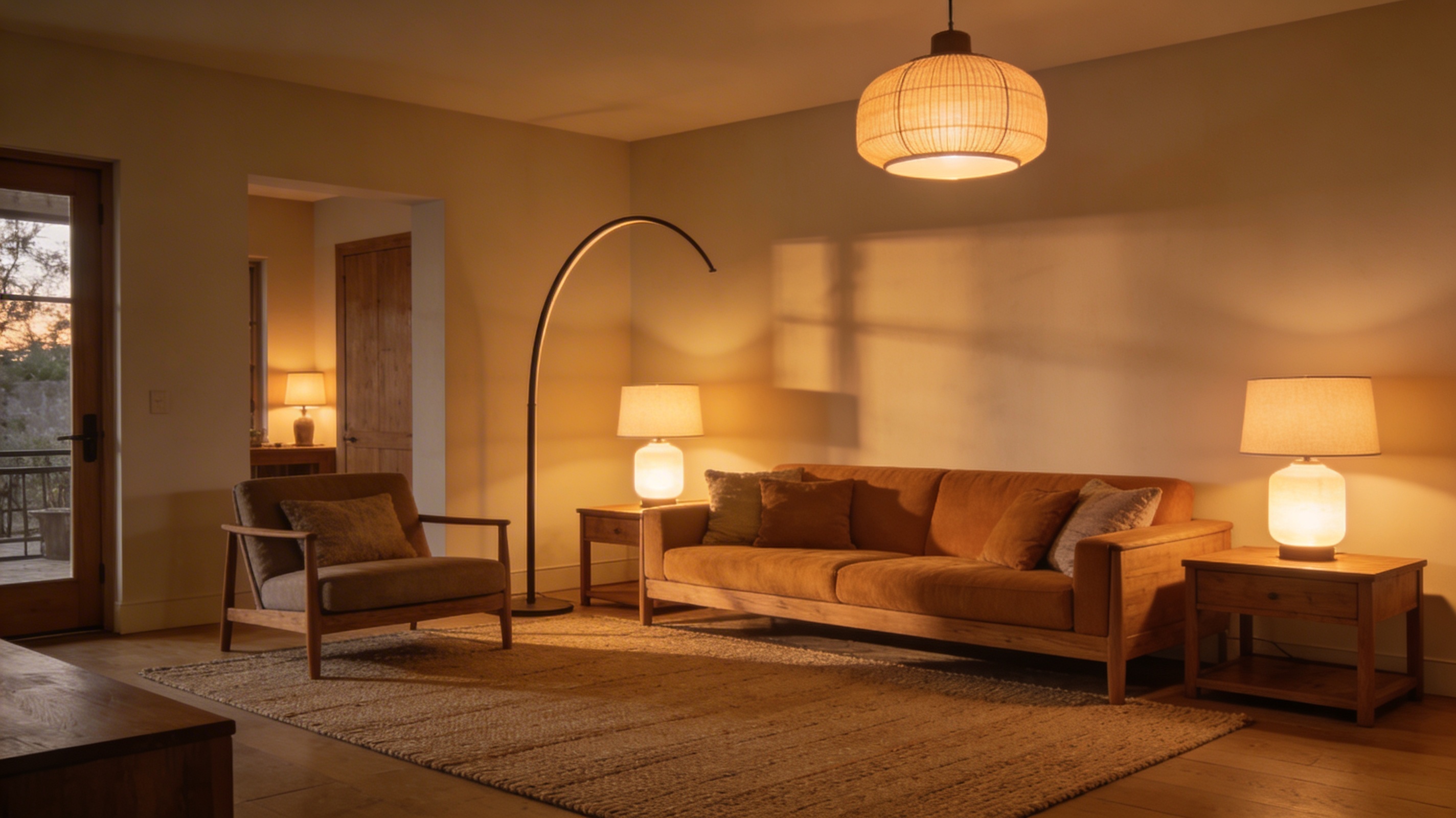 A warmly lit American living room with layered ambient, task, and accent lighting from ceiling pendant, floor lamp, and table lamps