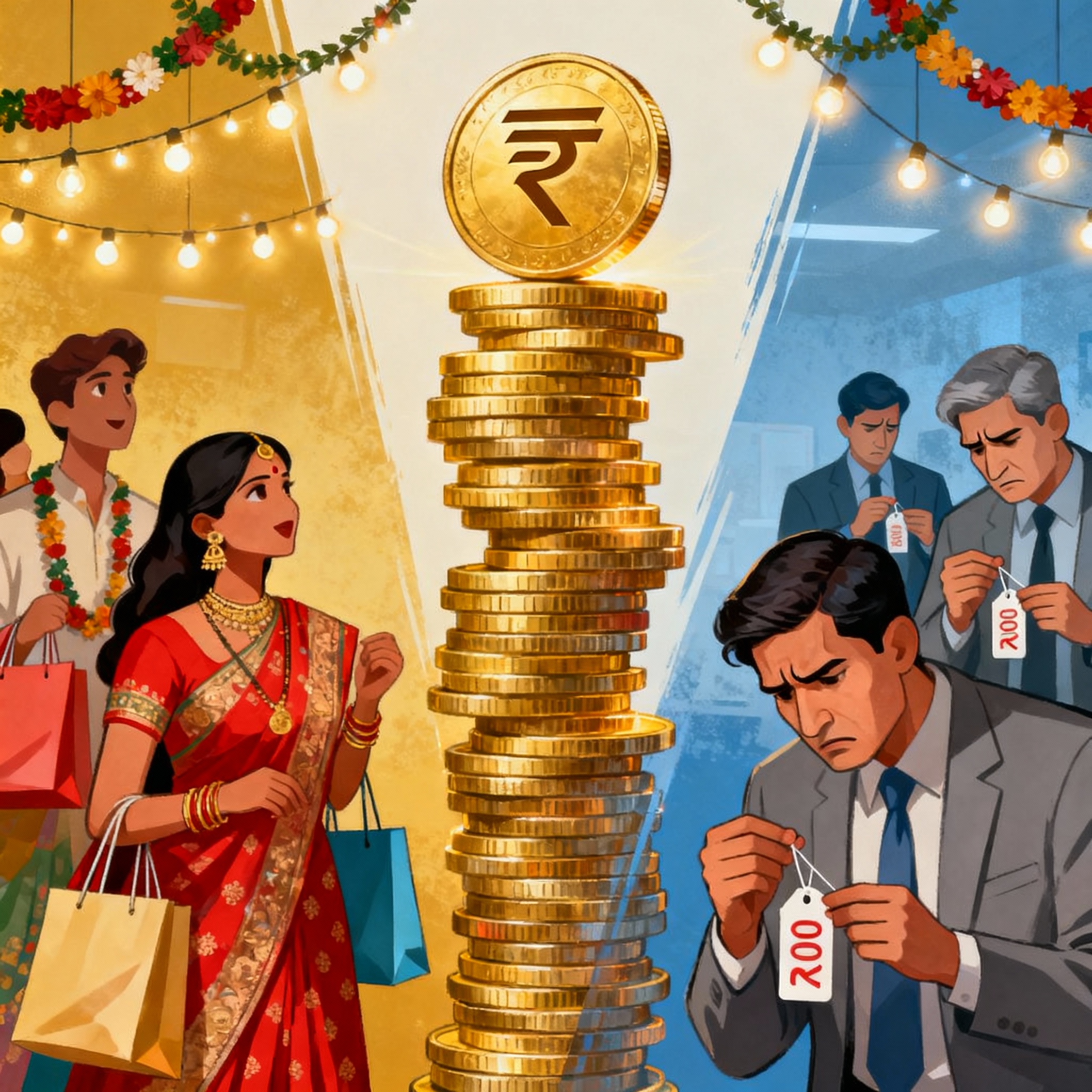 Gold price surge in India showing rupee, gold coins, investors
