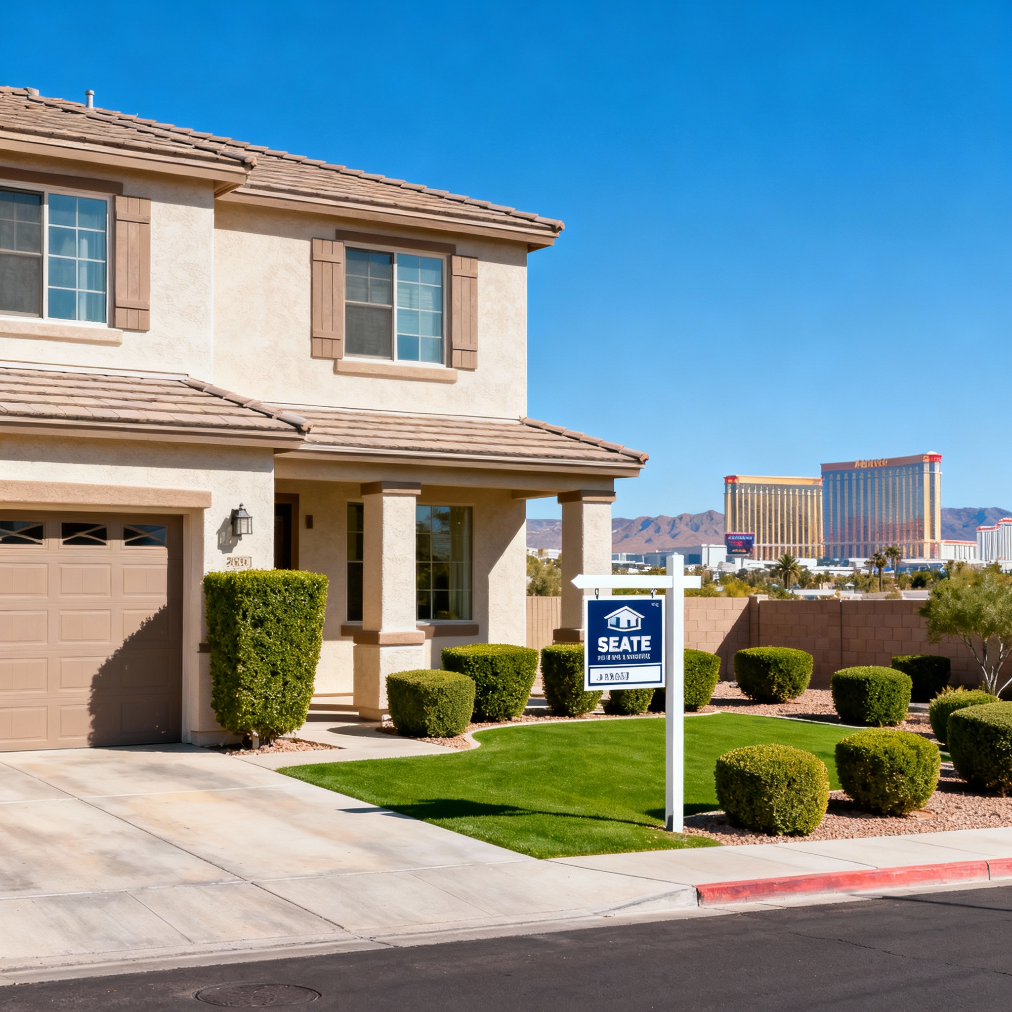 Paradise Nevada home for sale with professional presentation, modern exterior, landscaping, real estate sign, and Las Vegas Strip in background